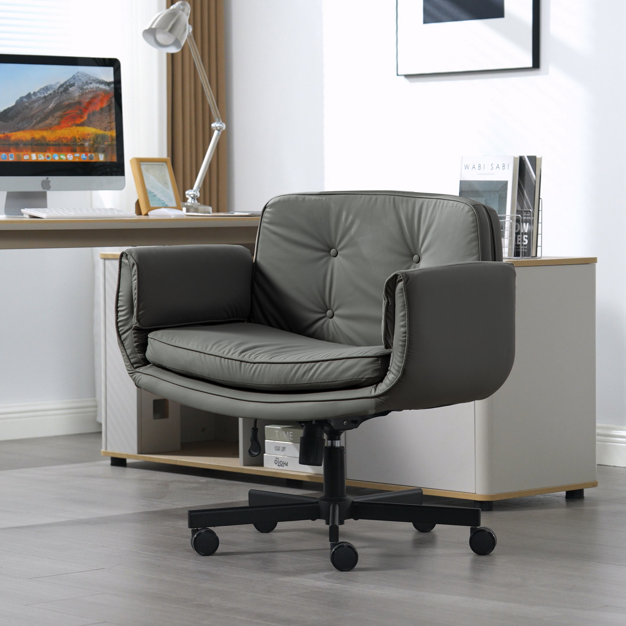 Criss Cross Chair with Adjustable Armrests & Wheels & Headrest, PU Lounge Vanity Desk Chair with Wide Seat for Cross-Legged Sitting, Swivel Task Office Chairs for Home, Makeup, Gaming, Office, Gray - Image 5
