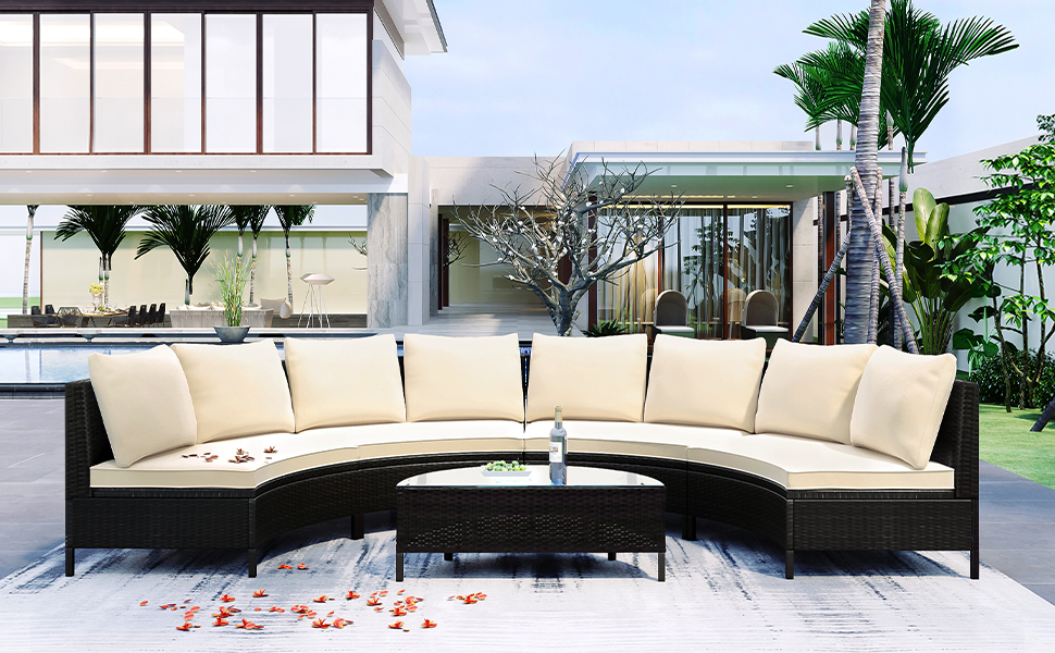 TOPMAX 5 Pieces All-Weather Brown PE Rattan Wicker Sofa Set Outdoor Patio Sectional Furniture Set Half-Moon Sofa Set with Tempered Glass Table, Beige - Image 3