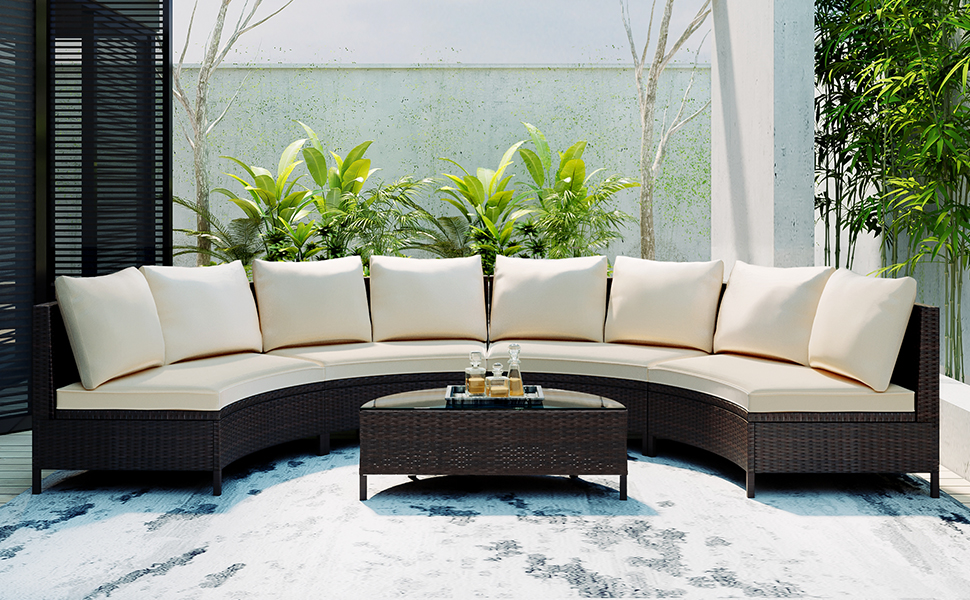 TOPMAX 5 Pieces All-Weather Brown PE Rattan Wicker Sofa Set Outdoor Patio Sectional Furniture Set Half-Moon Sofa Set with Tempered Glass Table, Beige - Image 2