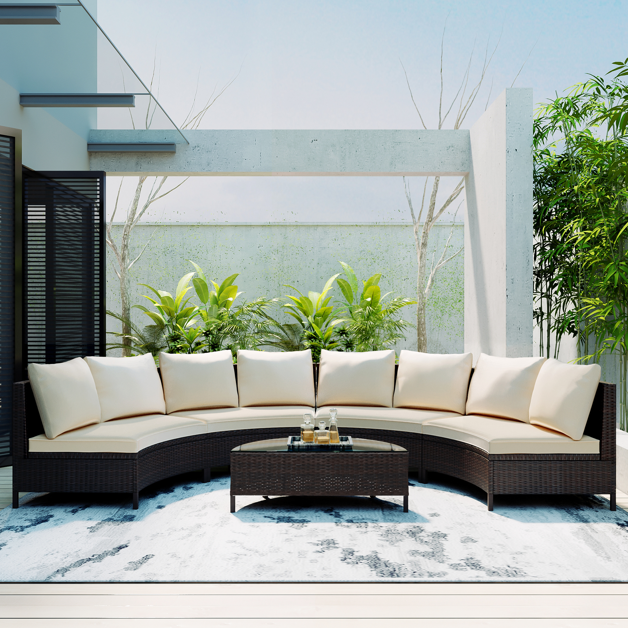 TOPMAX 5 Pieces All-Weather Brown PE Rattan Wicker Sofa Set Outdoor Patio Sectional Furniture Set Half-Moon Sofa Set with Tempered Glass Table, Beige - Image 4