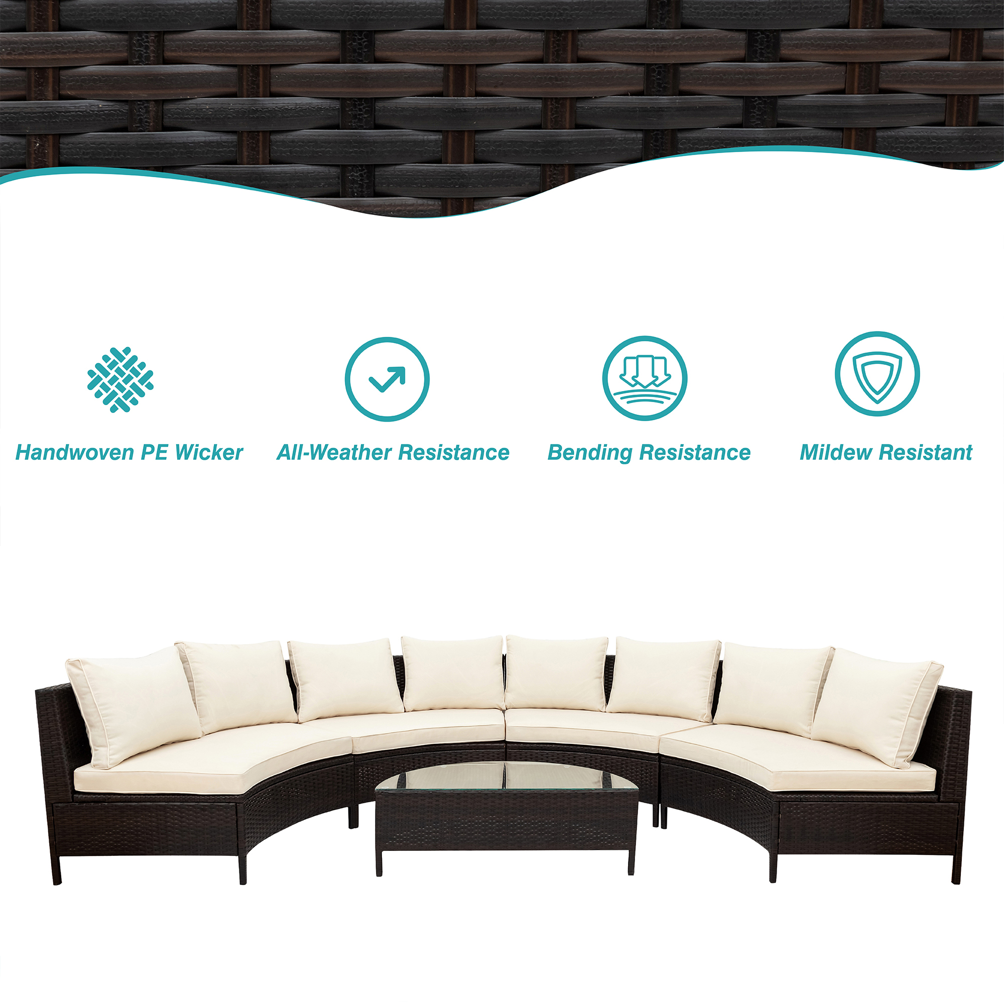TOPMAX 5 Pieces All-Weather Brown PE Rattan Wicker Sofa Set Outdoor Patio Sectional Furniture Set Half-Moon Sofa Set with Tempered Glass Table, Beige - Image 5