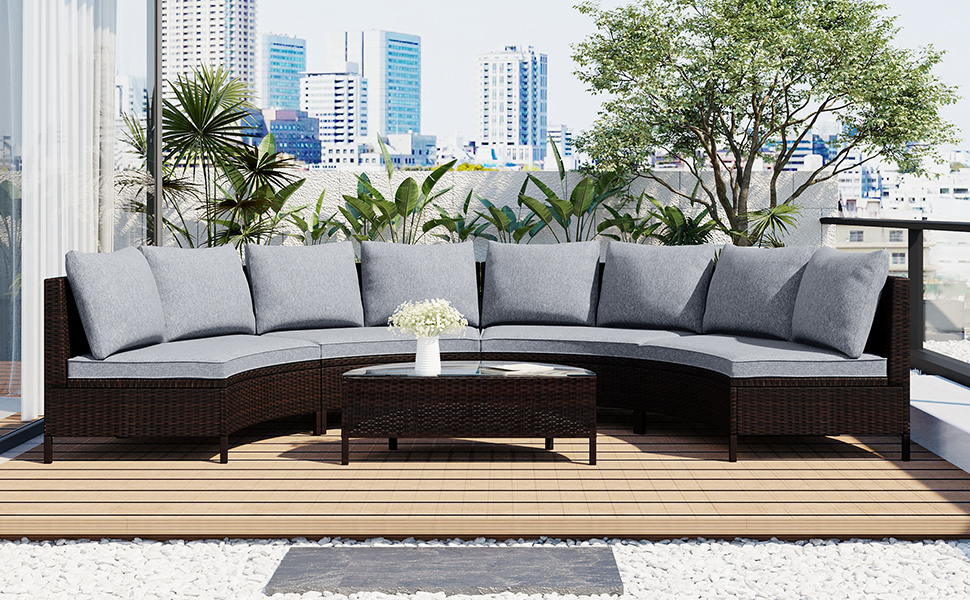 TOPMAX 5 Pieces All-Weather Brown PE Rattan Wicker Sofa Set Outdoor Patio Sectional Furniture Set Half-Moon Sofa Set with Tempered Glass Table, Grey - Image 2