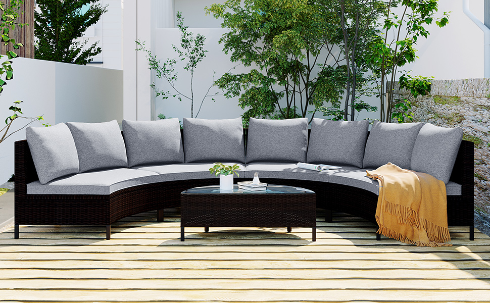 TOPMAX 5 Pieces All-Weather Brown PE Rattan Wicker Sofa Set Outdoor Patio Sectional Furniture Set Half-Moon Sofa Set with Tempered Glass Table, Grey - Image 3