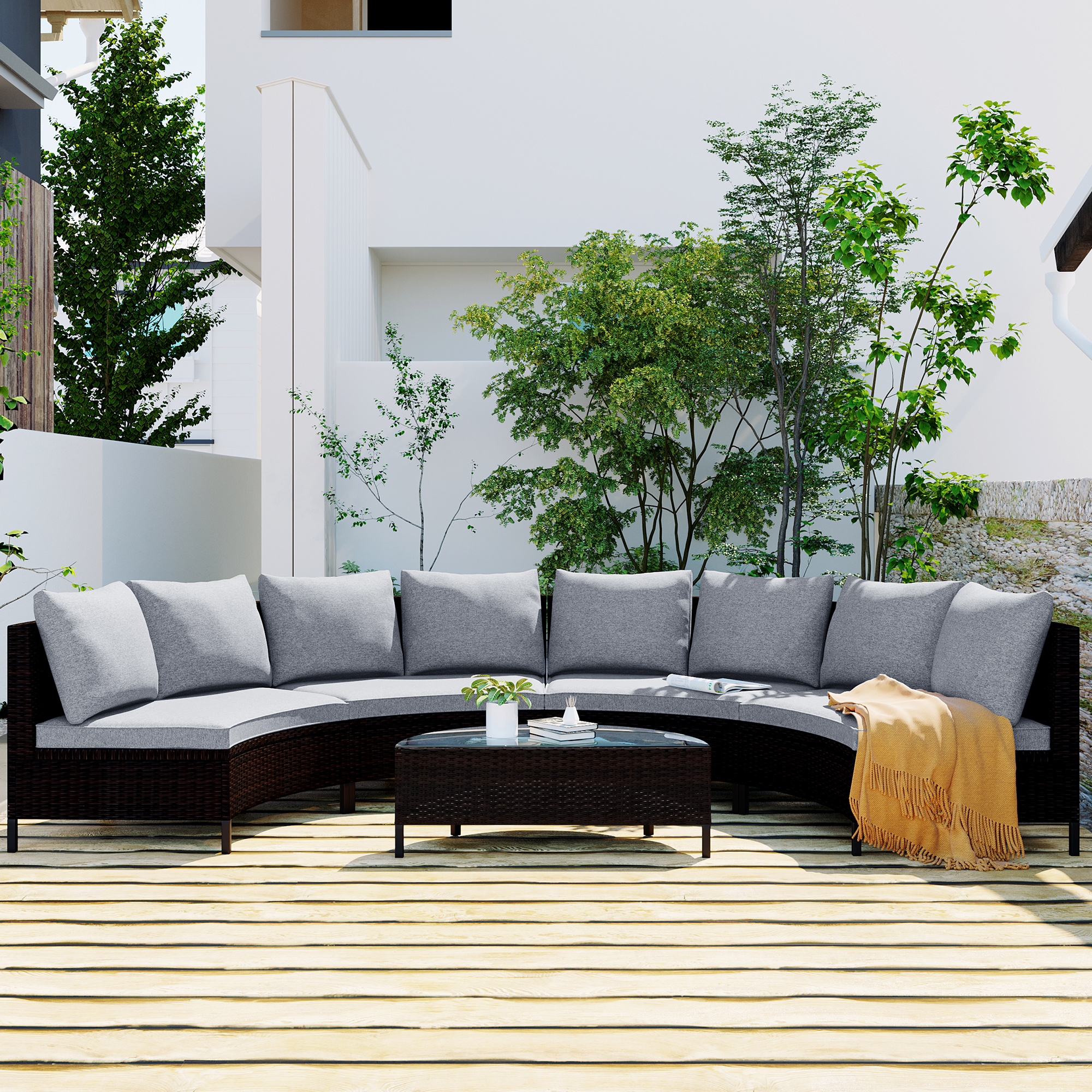 TOPMAX 5 Pieces All-Weather Brown PE Rattan Wicker Sofa Set Outdoor Patio Sectional Furniture Set Half-Moon Sofa Set with Tempered Glass Table, Grey - Image 4