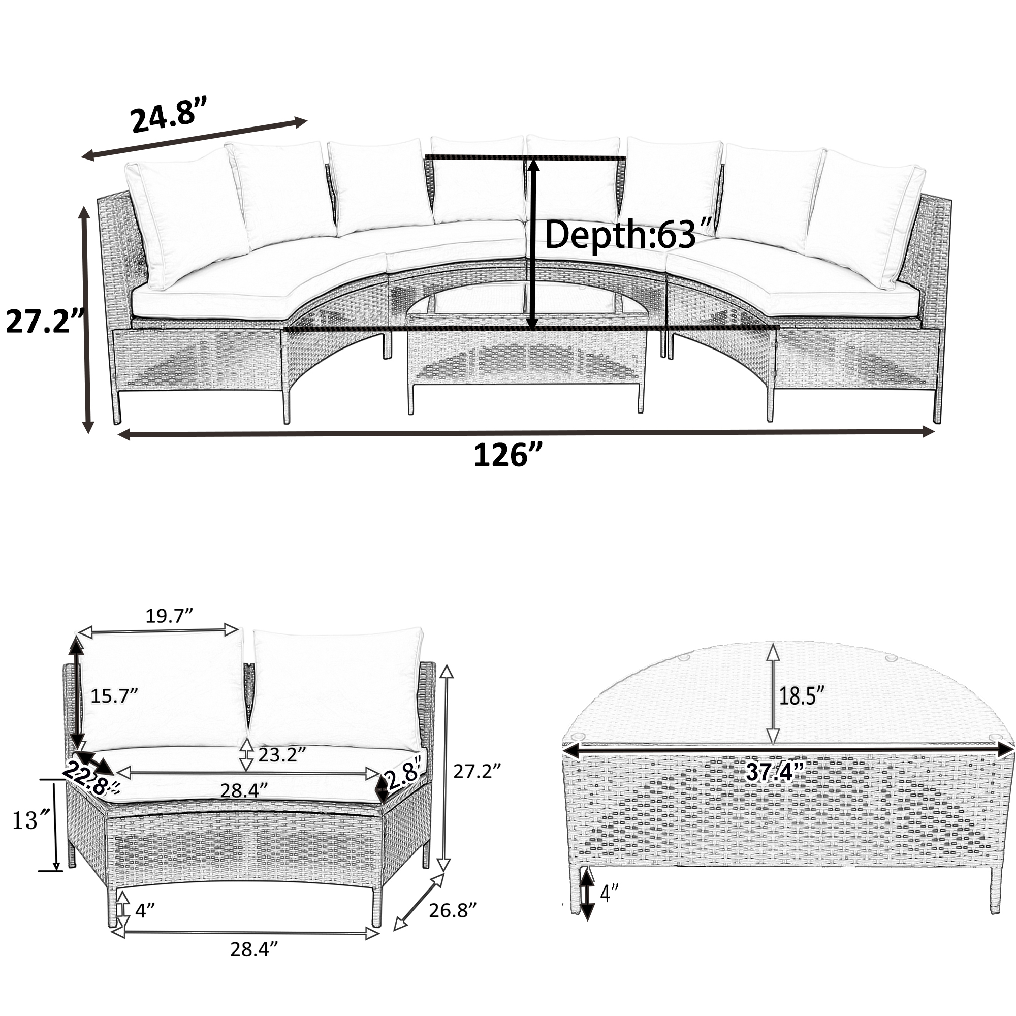 TOPMAX 5 Pieces All-Weather Brown PE Rattan Wicker Sofa Set Outdoor Patio Sectional Furniture Set Half-Moon Sofa Set with Tempered Glass Table, Grey - Image 5
