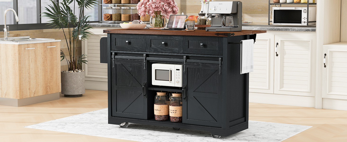 K&K 53.7" Farmhouse Kitchen Island with Power Outlet, 2 Sliding Barn Door Kitchen Storage Island with Drop Leaf, Spice Rack Rolling Kitchen Cart on Wheels, for Home, Kitchen and Dining Room, Black - Image 2