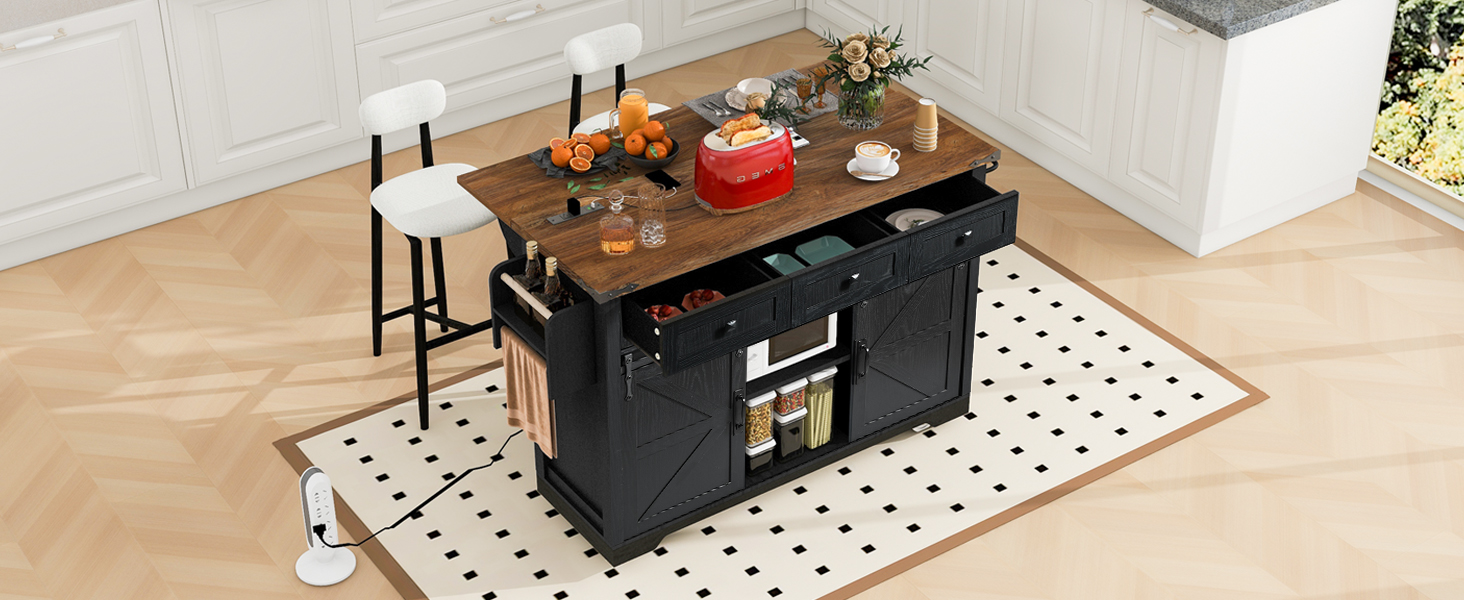 K&K 53.7" Farmhouse Kitchen Island with Power Outlet, 2 Sliding Barn Door Kitchen Storage Island with Drop Leaf, Spice Rack Rolling Kitchen Cart on Wheels, for Home, Kitchen and Dining Room, Black - Image 3