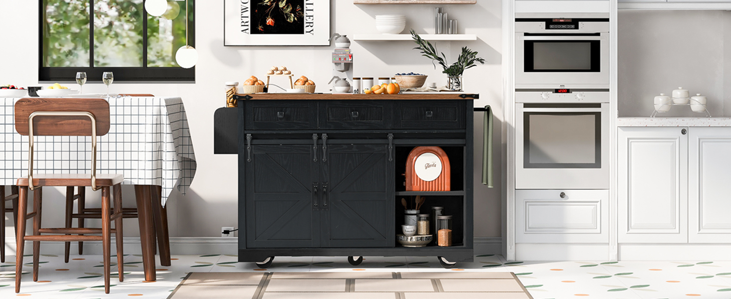 K&K 53.7" Farmhouse Kitchen Island with Power Outlet, 2 Sliding Barn Door Kitchen Storage Island with Drop Leaf, Spice Rack Rolling Kitchen Cart on Wheels, for Home, Kitchen and Dining Room, Black - Image 4