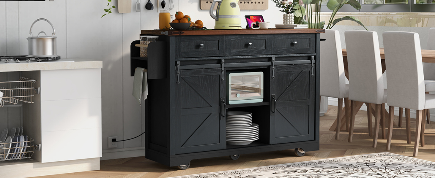 K&K 53.7" Farmhouse Kitchen Island with Power Outlet, 2 Sliding Barn Door Kitchen Storage Island with Drop Leaf, Spice Rack Rolling Kitchen Cart on Wheels, for Home, Kitchen and Dining Room, Black - Image 5