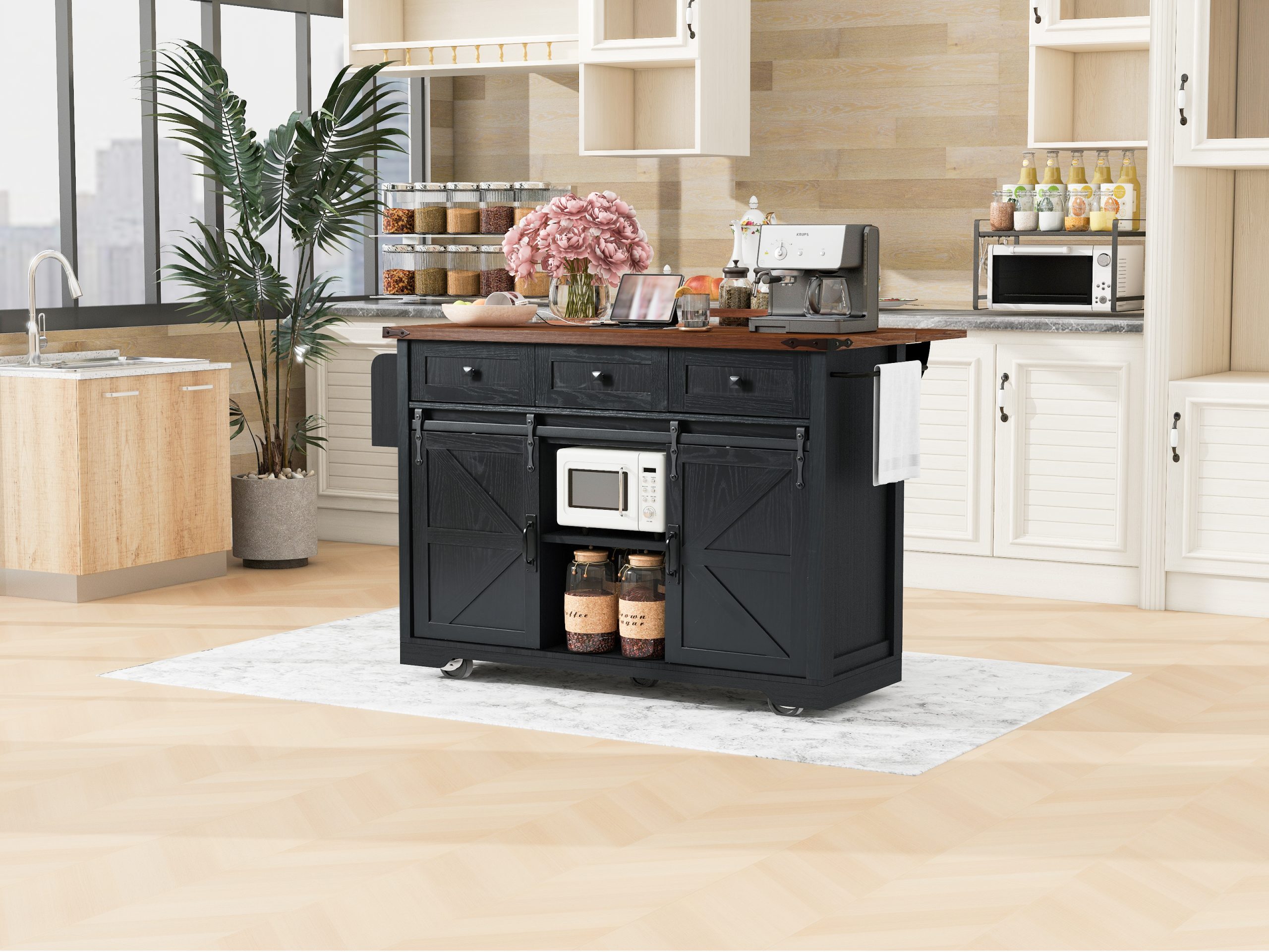 K&K 53.7" Farmhouse Kitchen Island with Power Outlet, 2 Sliding Barn Door Kitchen Storage Island with Drop Leaf, Spice Rack Rolling Kitchen Cart on Wheels, for Home, Kitchen and Dining Room, Black - Image 6