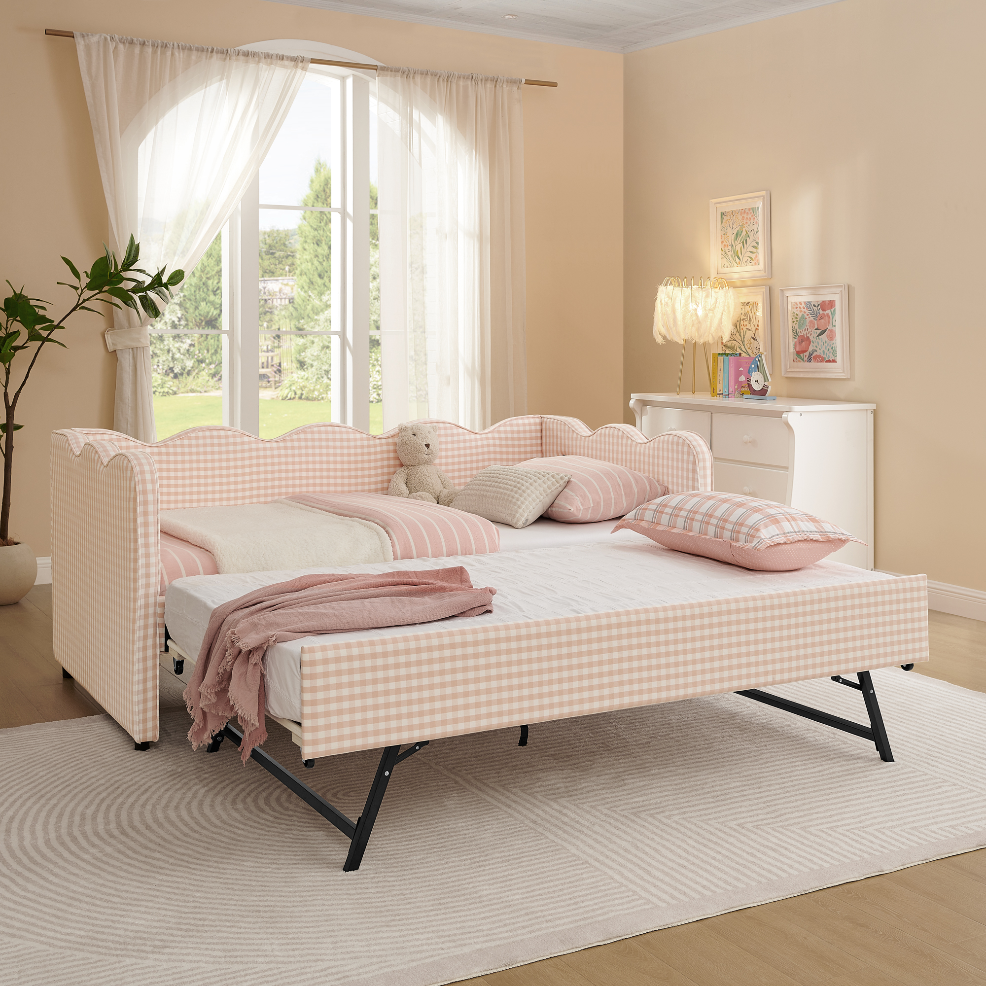 Cozy Gingham Daybed with Trundle Twin Size Sofa Bed No Box Spring Needed, with USB Port and Adorable Wave Shaped, Linen Fabric, Pink - Image 2