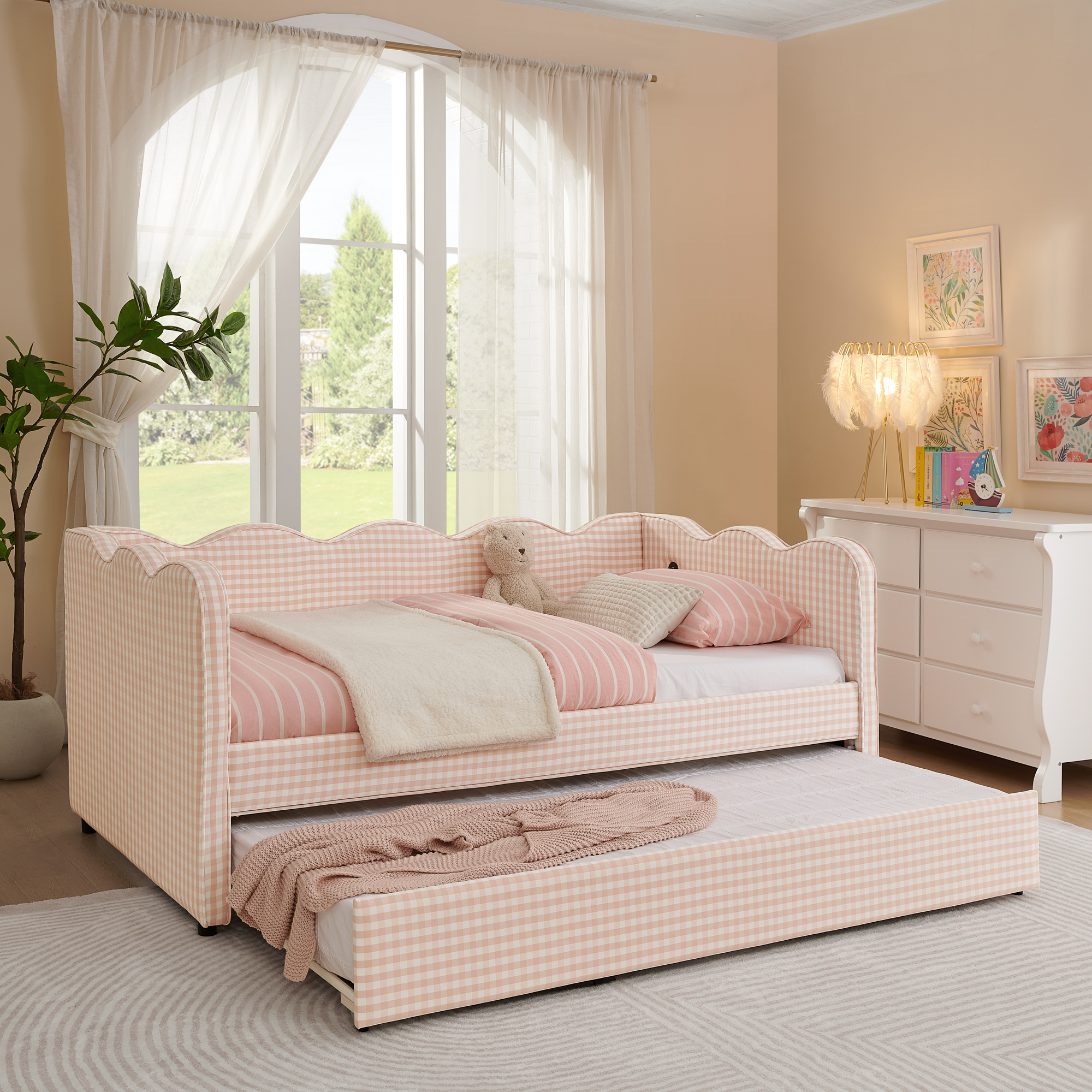 Cozy Gingham Daybed with Trundle Twin Size Sofa Bed No Box Spring Needed, with USB Port and Adorable Wave Shaped, Linen Fabric, Pink - Image 3