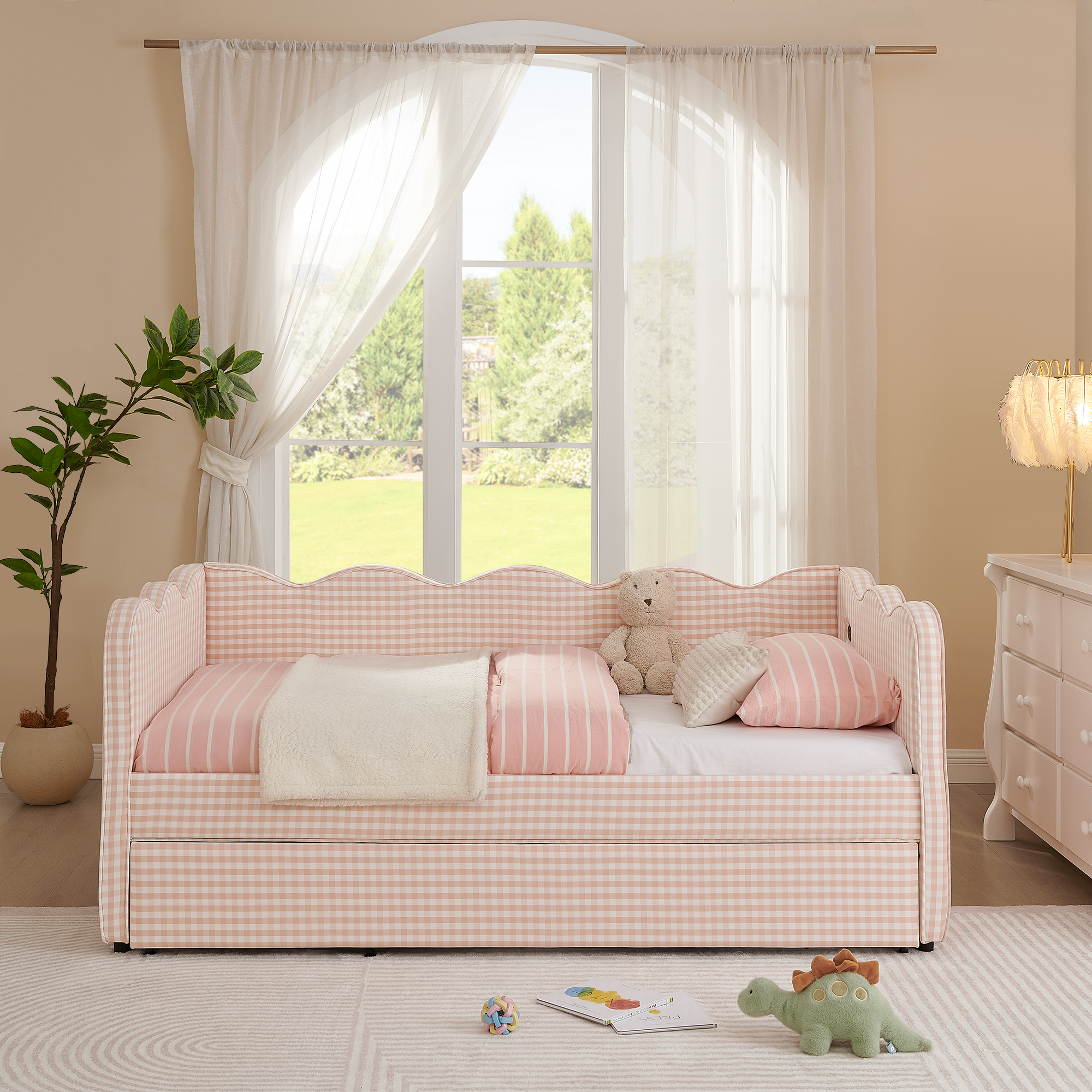 Cozy Gingham Daybed with Trundle Twin Size Sofa Bed No Box Spring Needed, with USB Port and Adorable Wave Shaped, Linen Fabric, Pink - Image 4