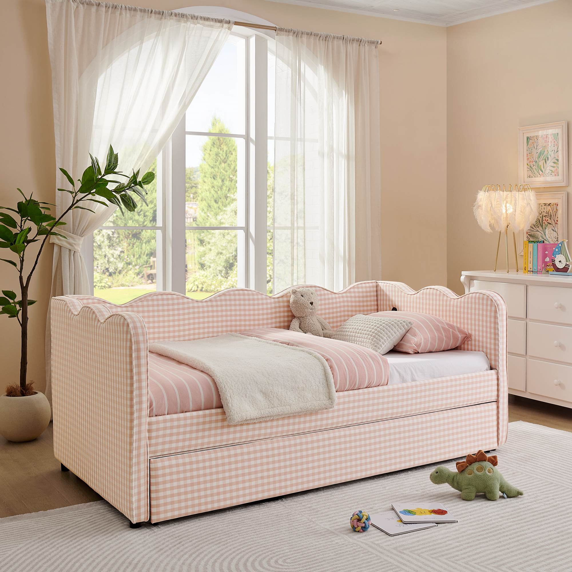 Cozy Gingham Daybed with Trundle Twin Size Sofa Bed No Box Spring Needed, with USB Port and Adorable Wave Shaped, Linen Fabric, Pink - Image 5