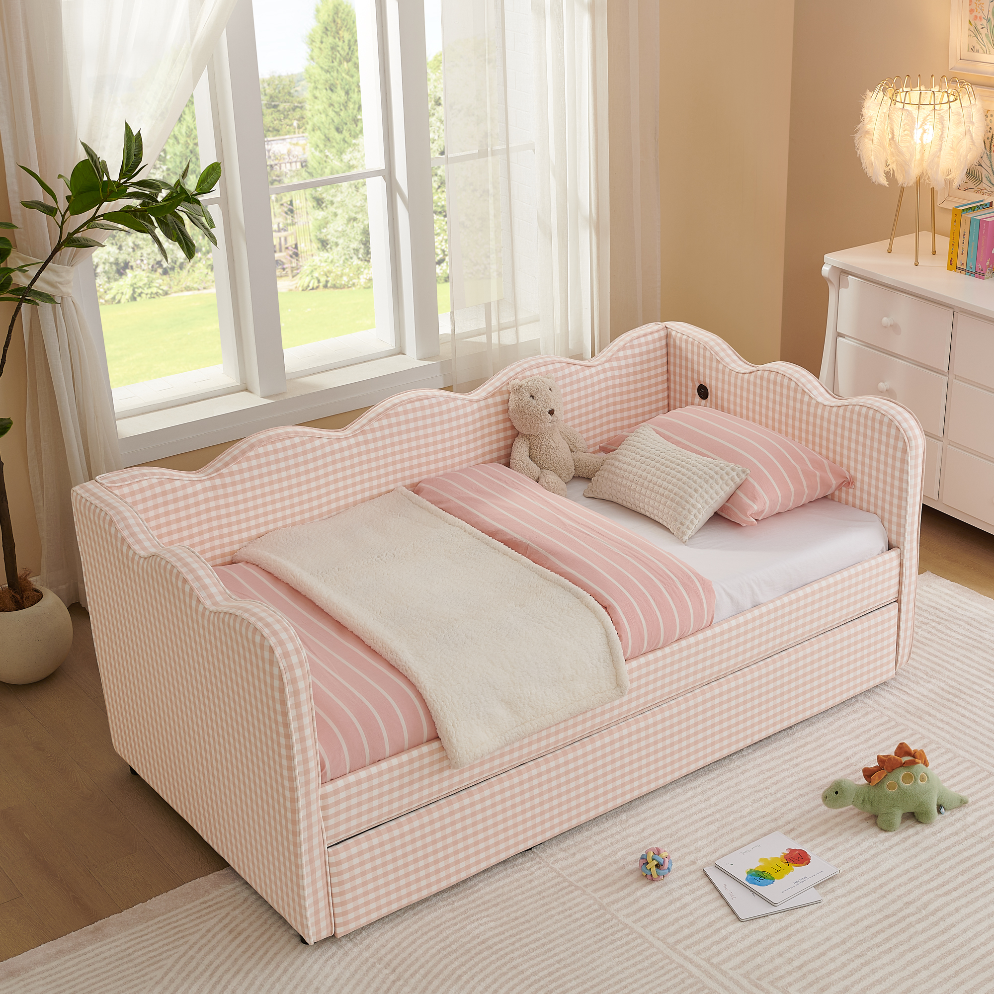 Cozy Gingham Daybed with Trundle Twin Size Sofa Bed No Box Spring Needed, with USB Port and Adorable Wave Shaped, Linen Fabric, Pink - Image 6
