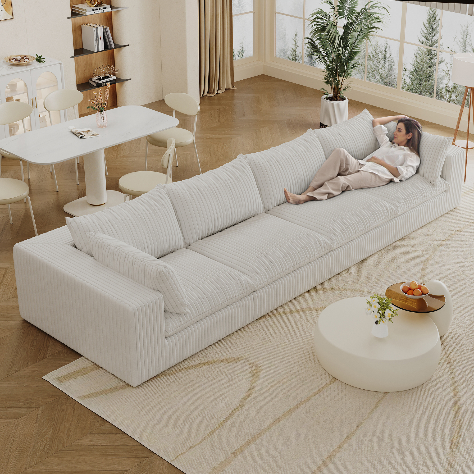 157.6"Cloud Sofa,Corduroy Fabric,Deep Seat Couches,Double-layer design,Removable Cushion,No Assembly,DIY Combination for Living room, Bedroom,Conference room ,Apartment,White - Image 2