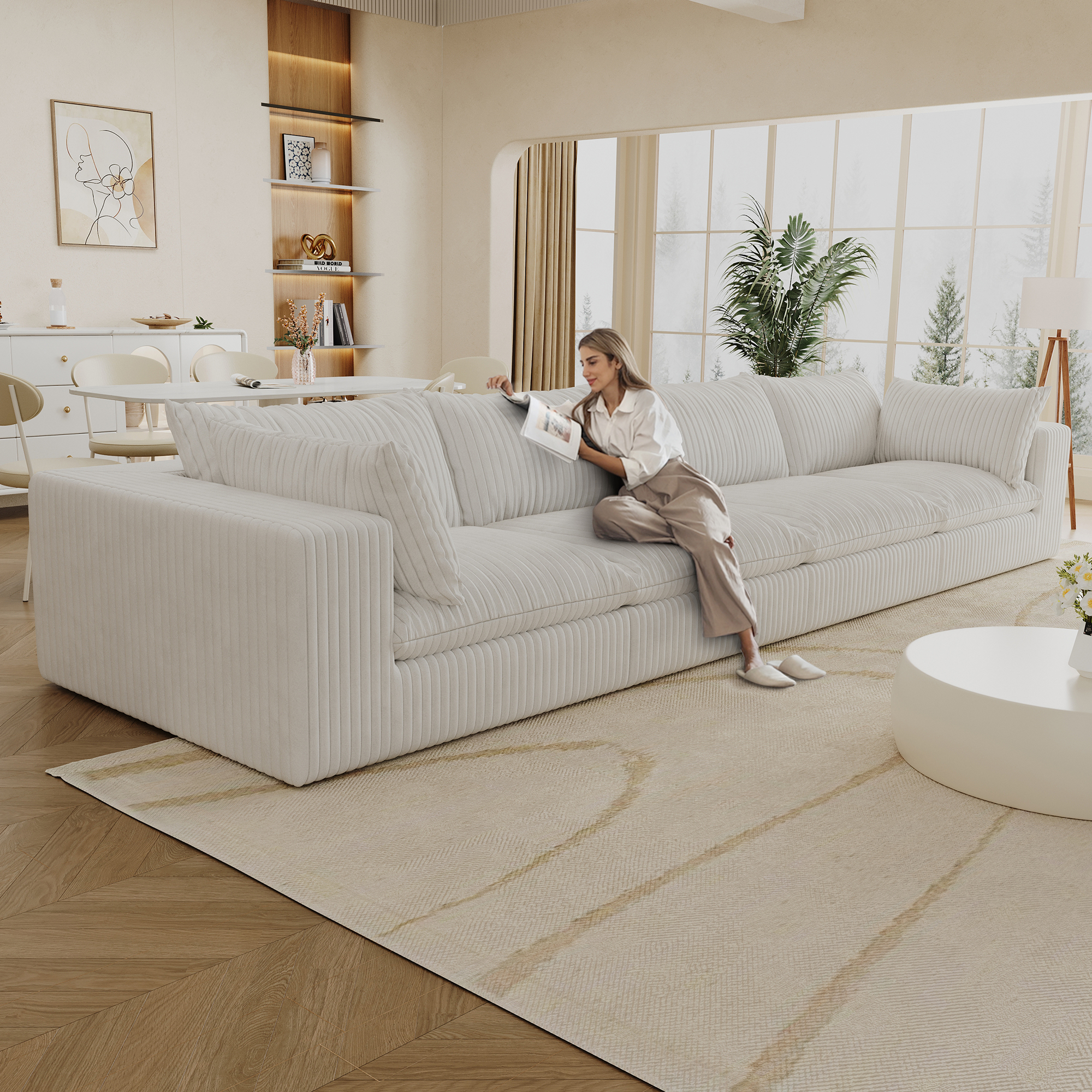 157.6"Cloud Sofa,Corduroy Fabric,Deep Seat Couches,Double-layer design,Removable Cushion,No Assembly,DIY Combination for Living room, Bedroom,Conference room ,Apartment,White - Image 3