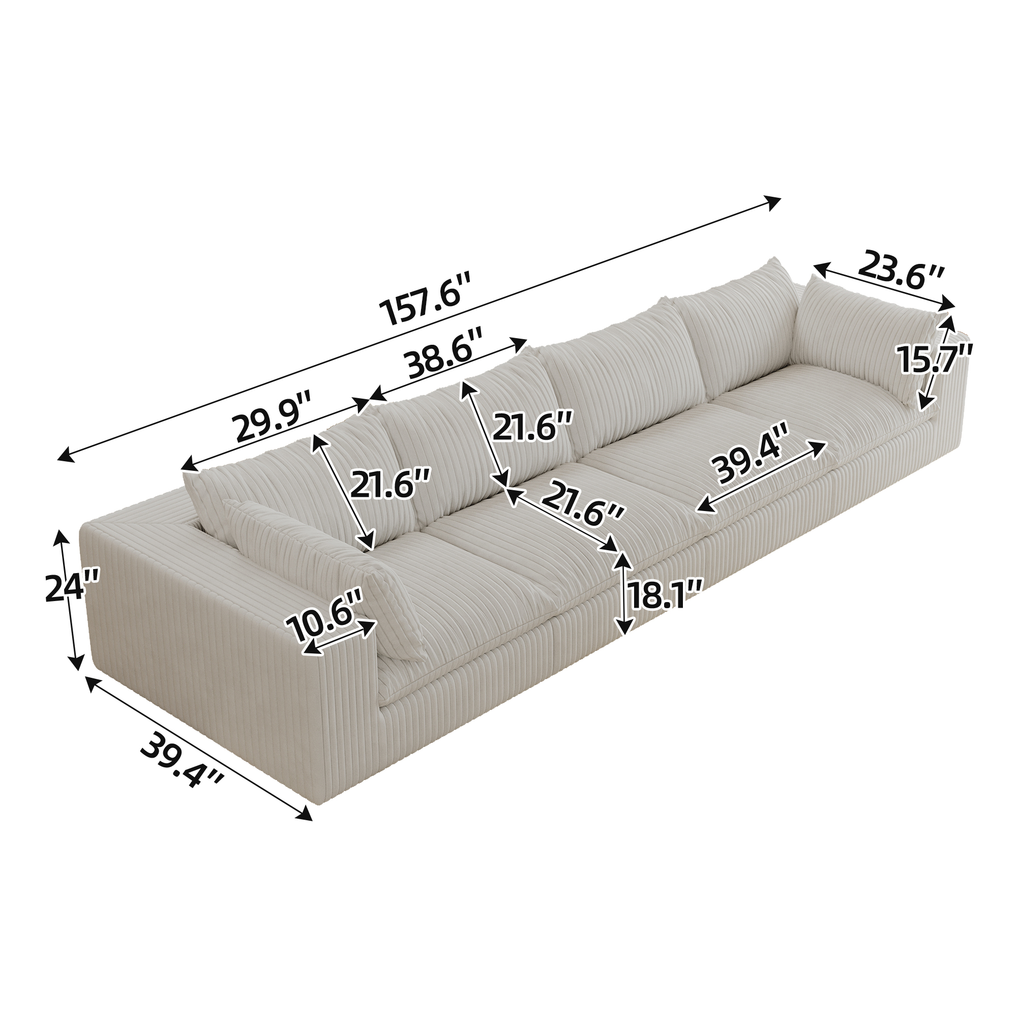 157.6"Cloud Sofa,Corduroy Fabric,Deep Seat Couches,Double-layer design,Removable Cushion,No Assembly,DIY Combination for Living room, Bedroom,Conference room ,Apartment,White - Image 6
