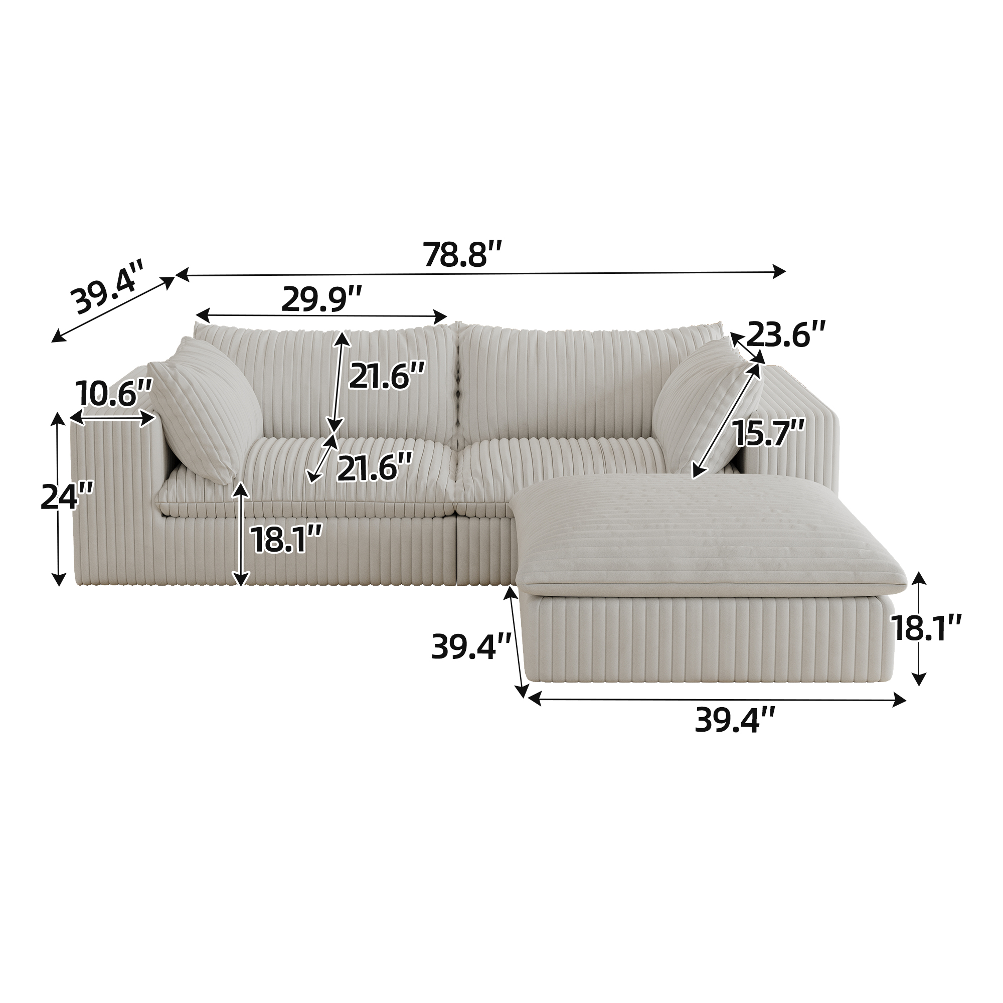 39.8" Cloud Sofa,Corduroy Fabric,Deep Seat Couches,Double-layer design,Removable Cushion,No Assembly, DIY Combination for Living room, Bedroom,Conference room ,Apartment,White - Image 5