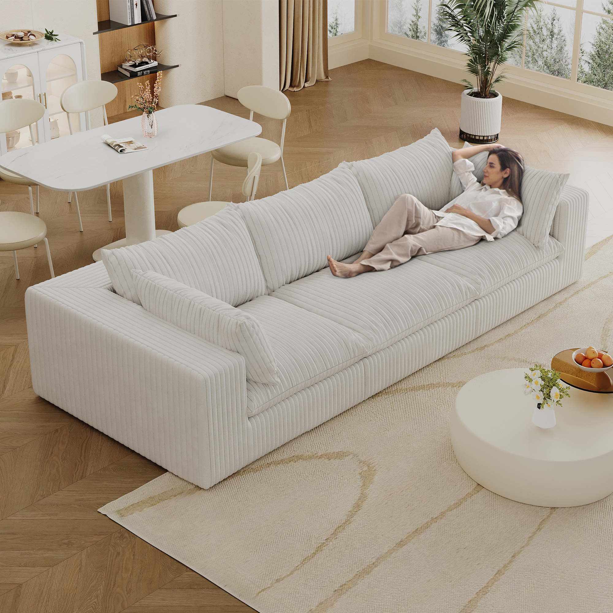 118.2" Cloud Sofa,Corduroy Fabric,Deep Seat Couches,Double-layer design,Removable Cushion,No Assembly, DIY Combination for Living room, Bedroom,Conference room ,Apartment,White - Image 2
