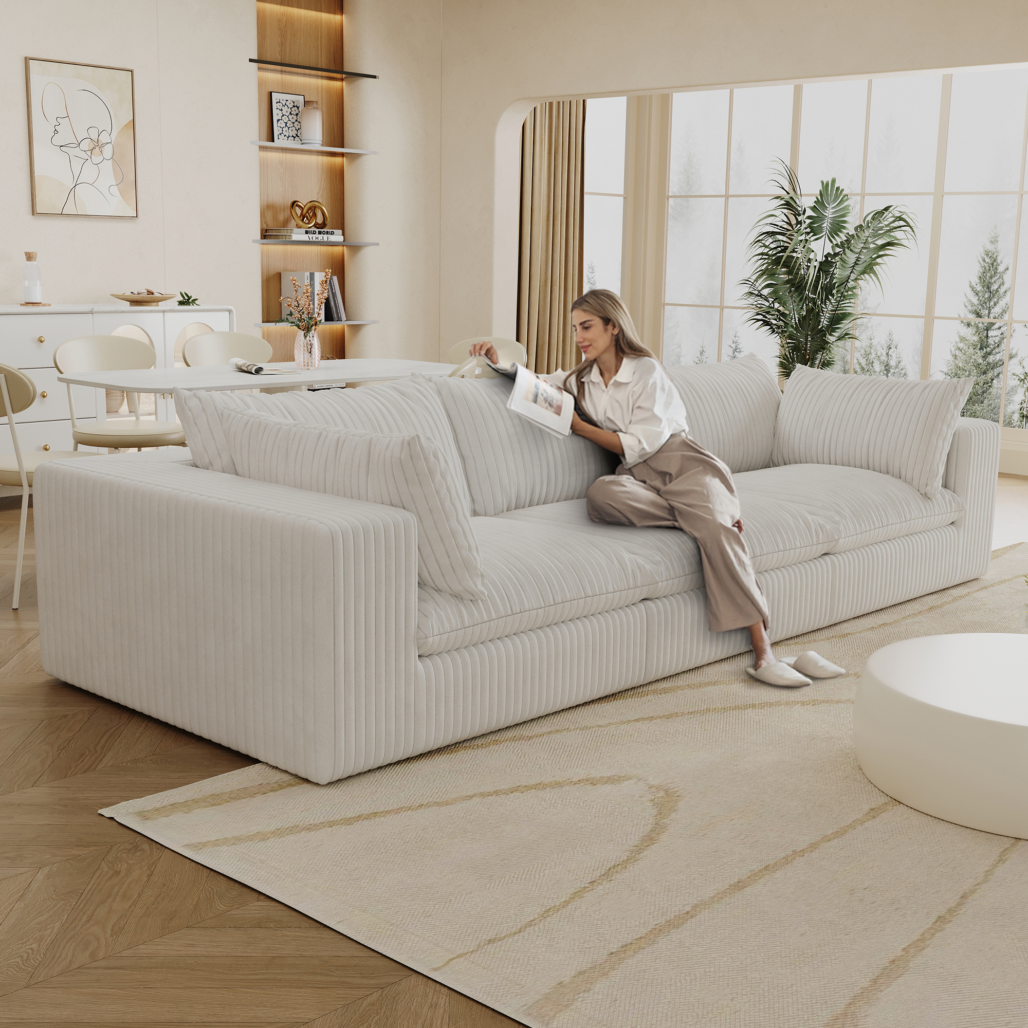 118.2" Cloud Sofa,Corduroy Fabric,Deep Seat Couches,Double-layer design,Removable Cushion,No Assembly, DIY Combination for Living room, Bedroom,Conference room ,Apartment,White - Image 3