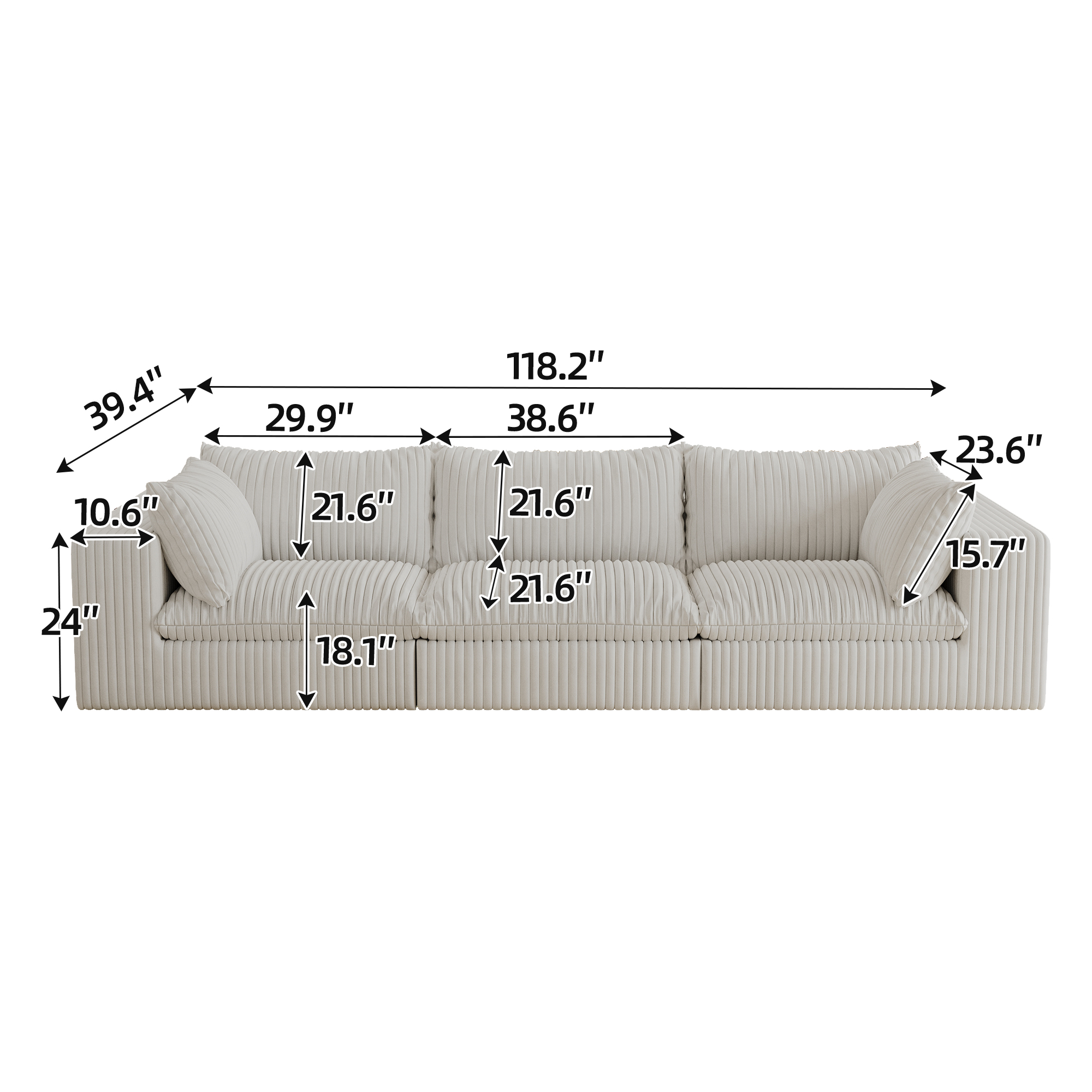 118.2" Cloud Sofa,Corduroy Fabric,Deep Seat Couches,Double-layer design,Removable Cushion,No Assembly, DIY Combination for Living room, Bedroom,Conference room ,Apartment,White - Image 5