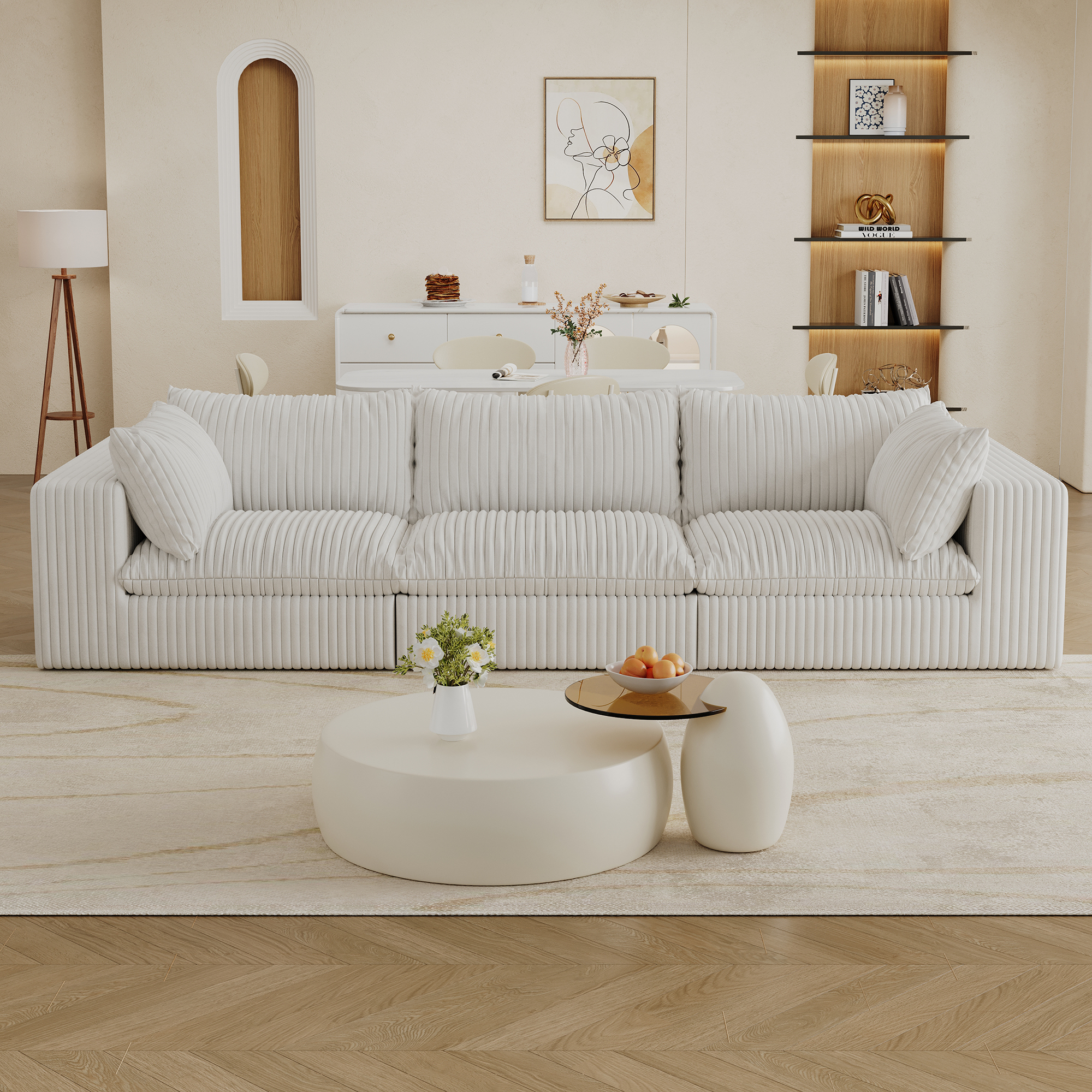 118.2" Cloud Sofa,Corduroy Fabric,Deep Seat Couches,Double-layer design,Removable Cushion,No Assembly, DIY Combination for Living room, Bedroom,Conference room ,Apartment,White - Image 6