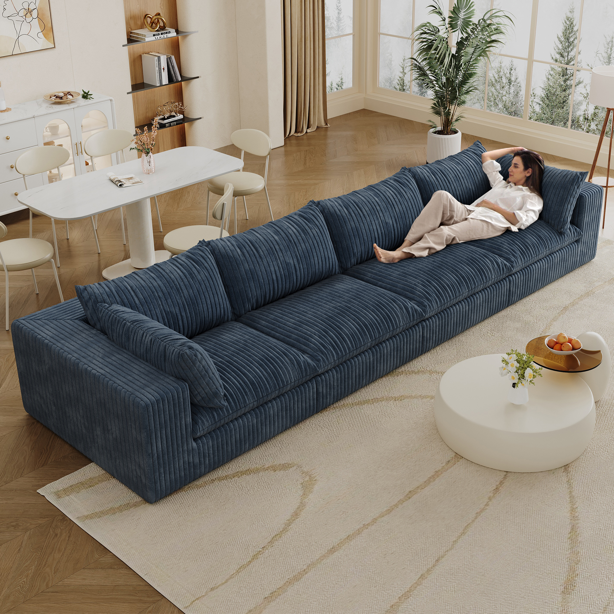 157.6"Cloud Sofa,Corduroy Fabric,Deep Seat Couches,Double-layer design,Removable Cushion,No Assembly,DIY Combination for Living room, Bedroom,Conference room ,Apartment,Blue - Image 2