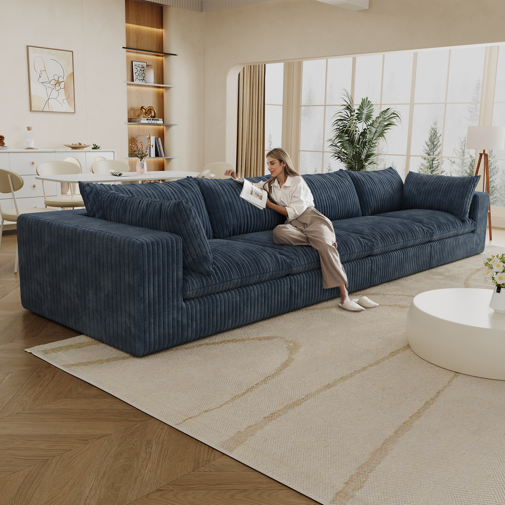 157.6"Cloud Sofa,Corduroy Fabric,Deep Seat Couches,Double-layer design,Removable Cushion,No Assembly,DIY Combination for Living room, Bedroom,Conference room ,Apartment,Blue - Image 3