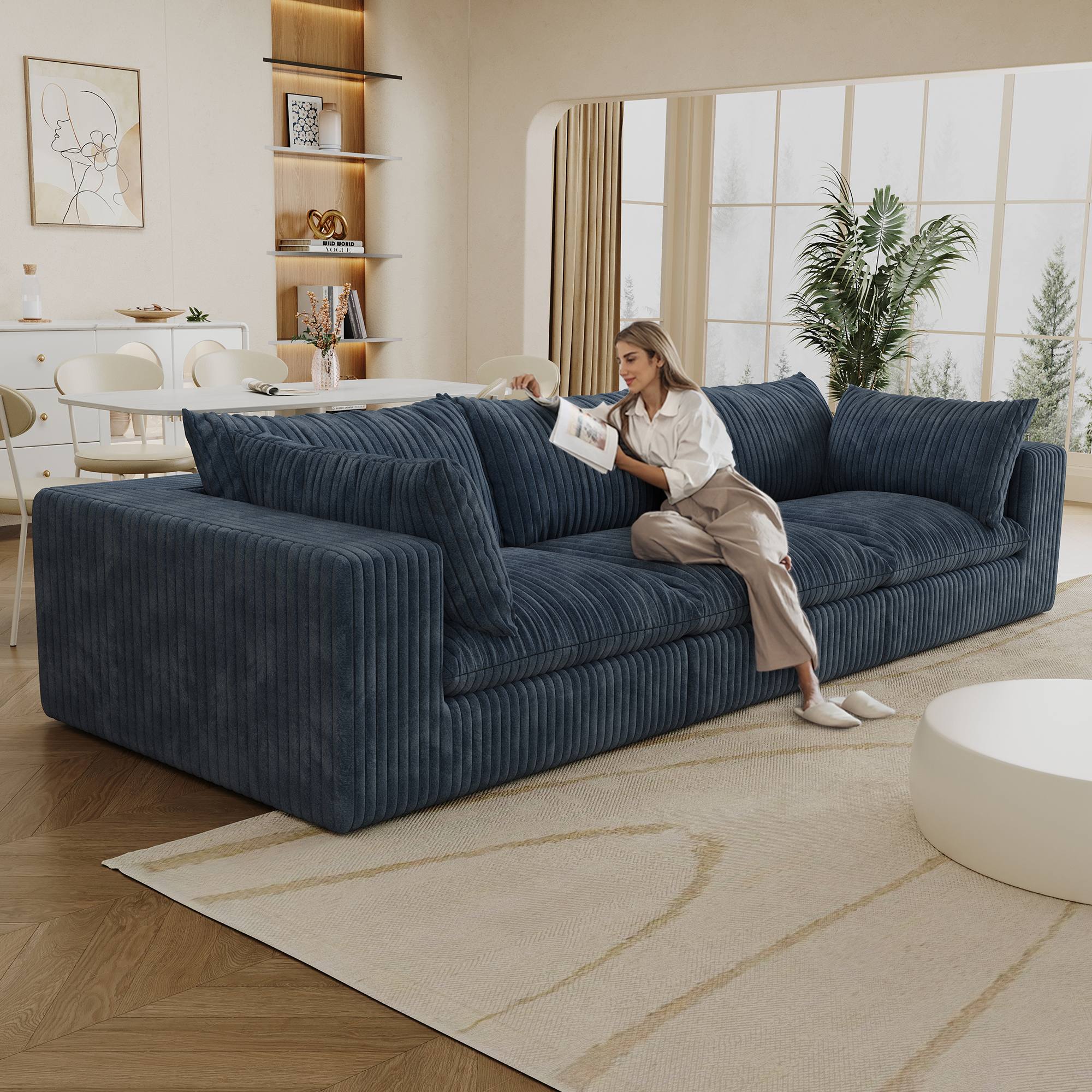 118.2" Cloud Sofa,Corduroy Fabric,Deep Seat Couches,Double-layer design,Removable Cushion,No Assembly, DIY Combination for Living room, Bedroom,Conference room ,Apartment,Blue - Image 2