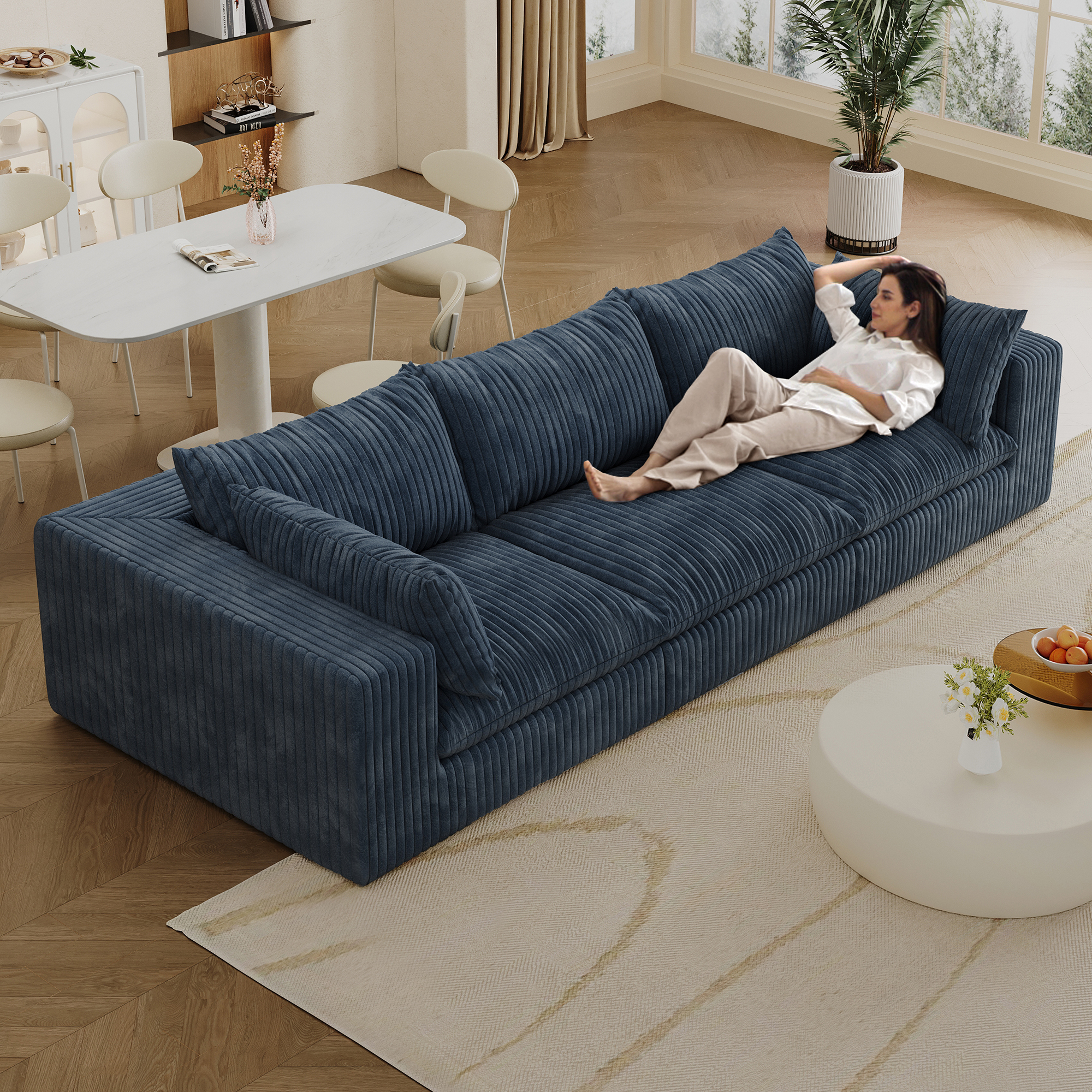 118.2" Cloud Sofa,Corduroy Fabric,Deep Seat Couches,Double-layer design,Removable Cushion,No Assembly, DIY Combination for Living room, Bedroom,Conference room ,Apartment,Blue - Image 3
