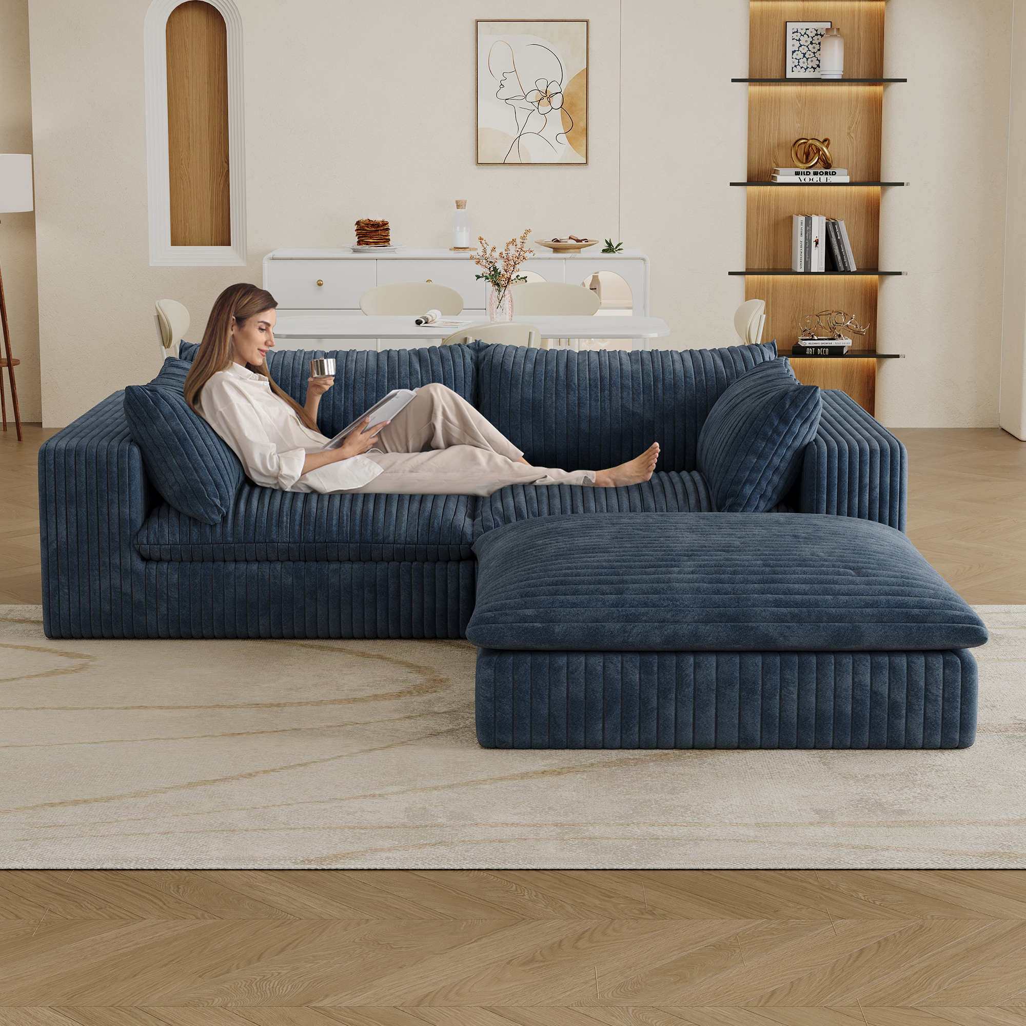 39.8" Cloud Sofa,Corduroy Fabric,Deep Seat Couches,Double-layer design,Removable Cushion,No Assembly, DIY Combination for Living room, Bedroom,Conference room ,Apartment,Blue - Image 2