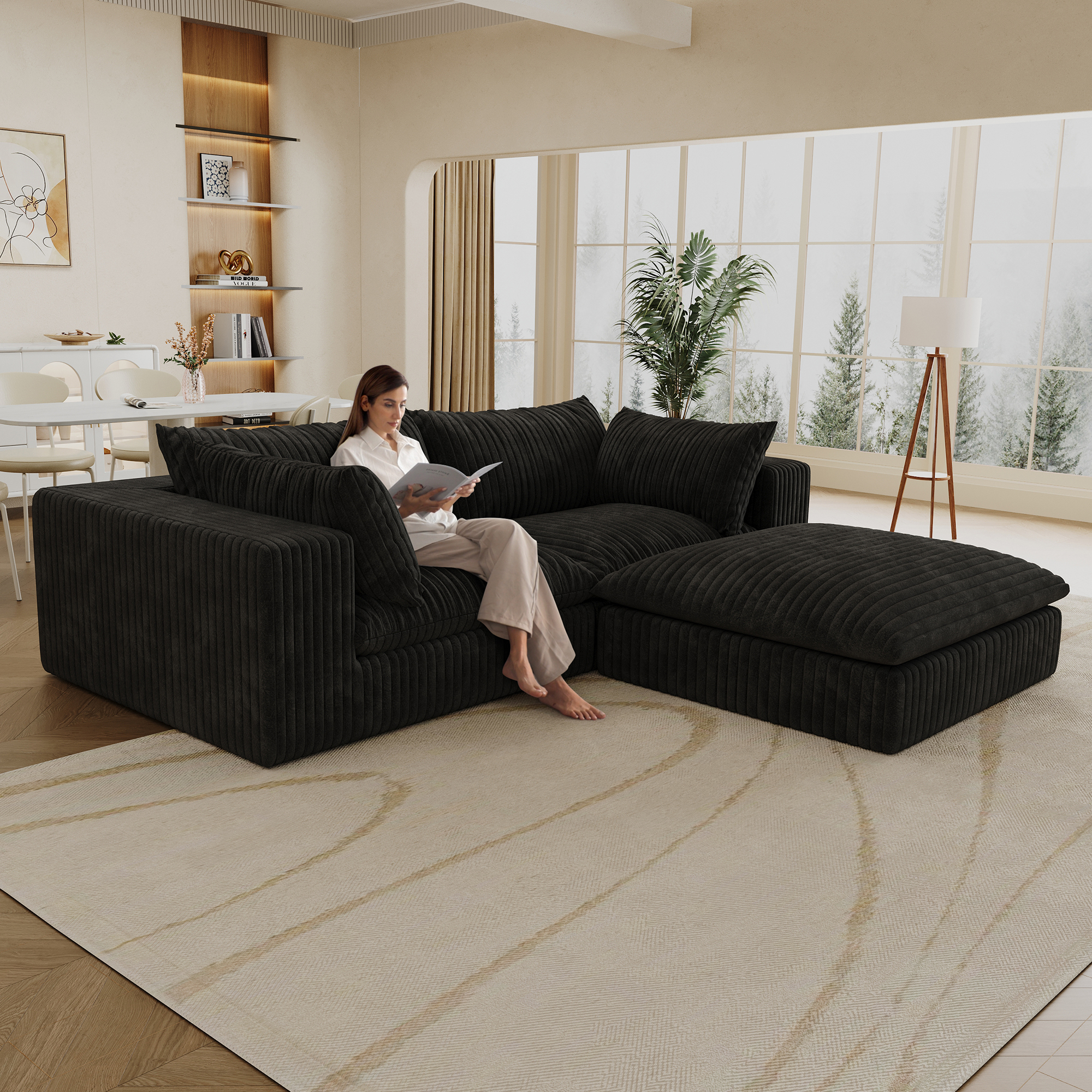 39.8" Cloud Sofa,Corduroy Fabric,Deep Seat Couches,Double-layer design,Removable Cushion,No Assembly, DIY Combination for Living room, Bedroom,Conference room ,Apartment,Black - Image 2