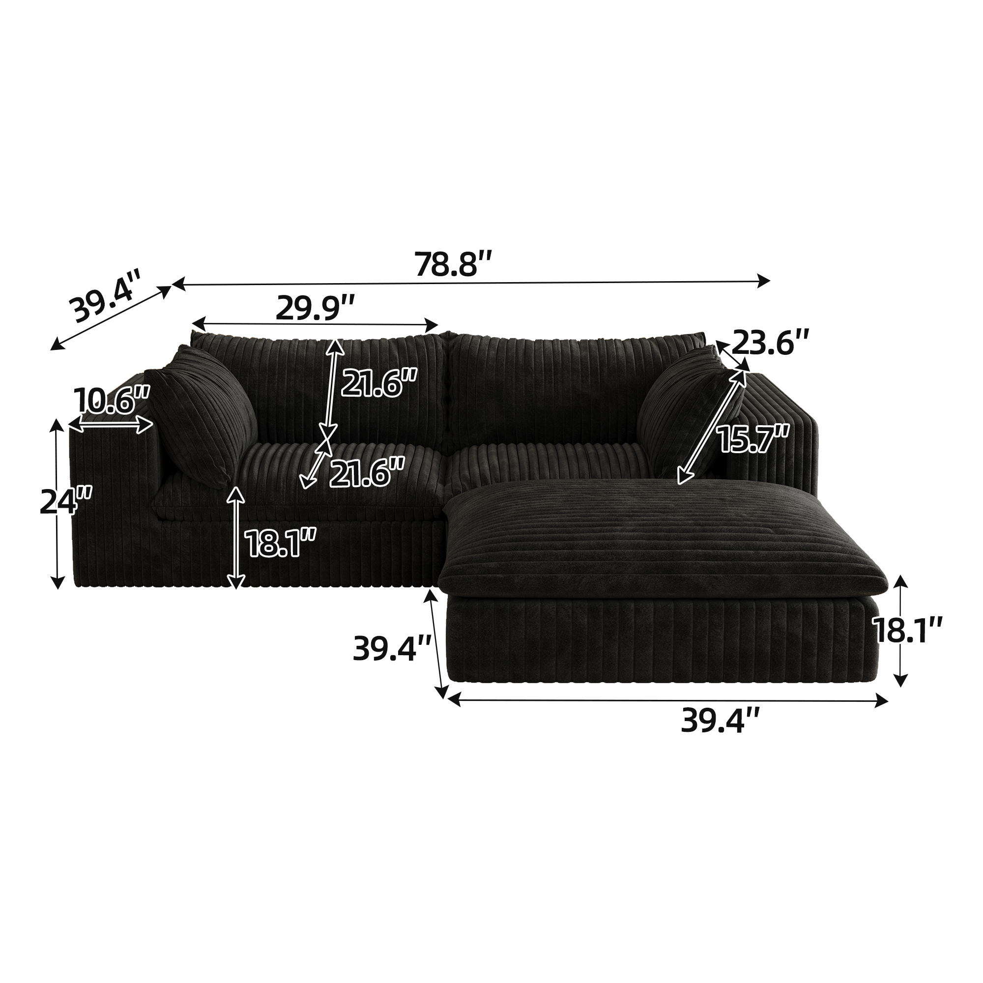39.8" Cloud Sofa,Corduroy Fabric,Deep Seat Couches,Double-layer design,Removable Cushion,No Assembly, DIY Combination for Living room, Bedroom,Conference room ,Apartment,Black - Image 4