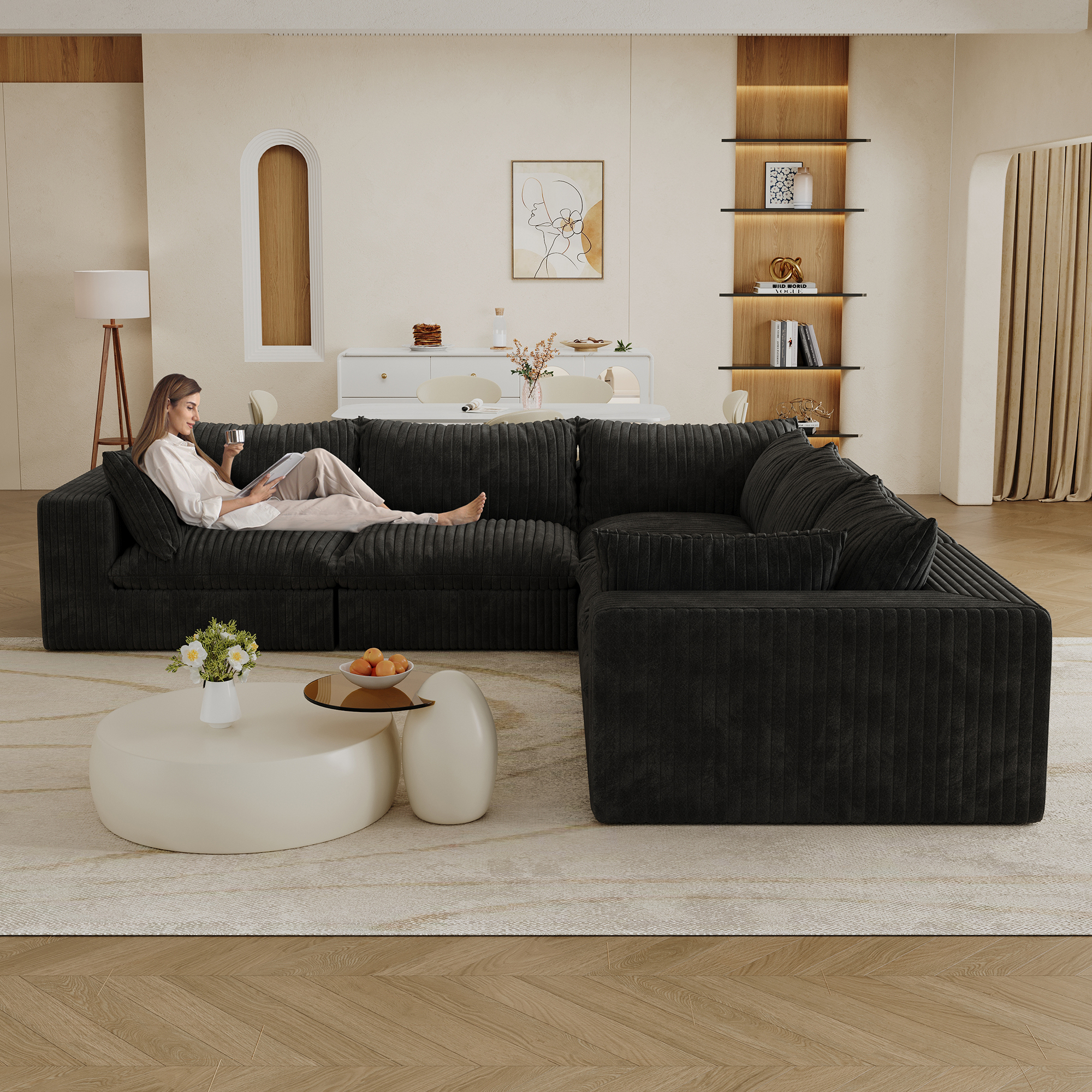 118.2" Cloud Sofa,Corduroy Fabric,Deep Seat Couches,Double-layer design,Removable Cushion,No Assembly, DIY Combination for Living room, Bedroom,Conference room ,Apartment,Black - Image 2