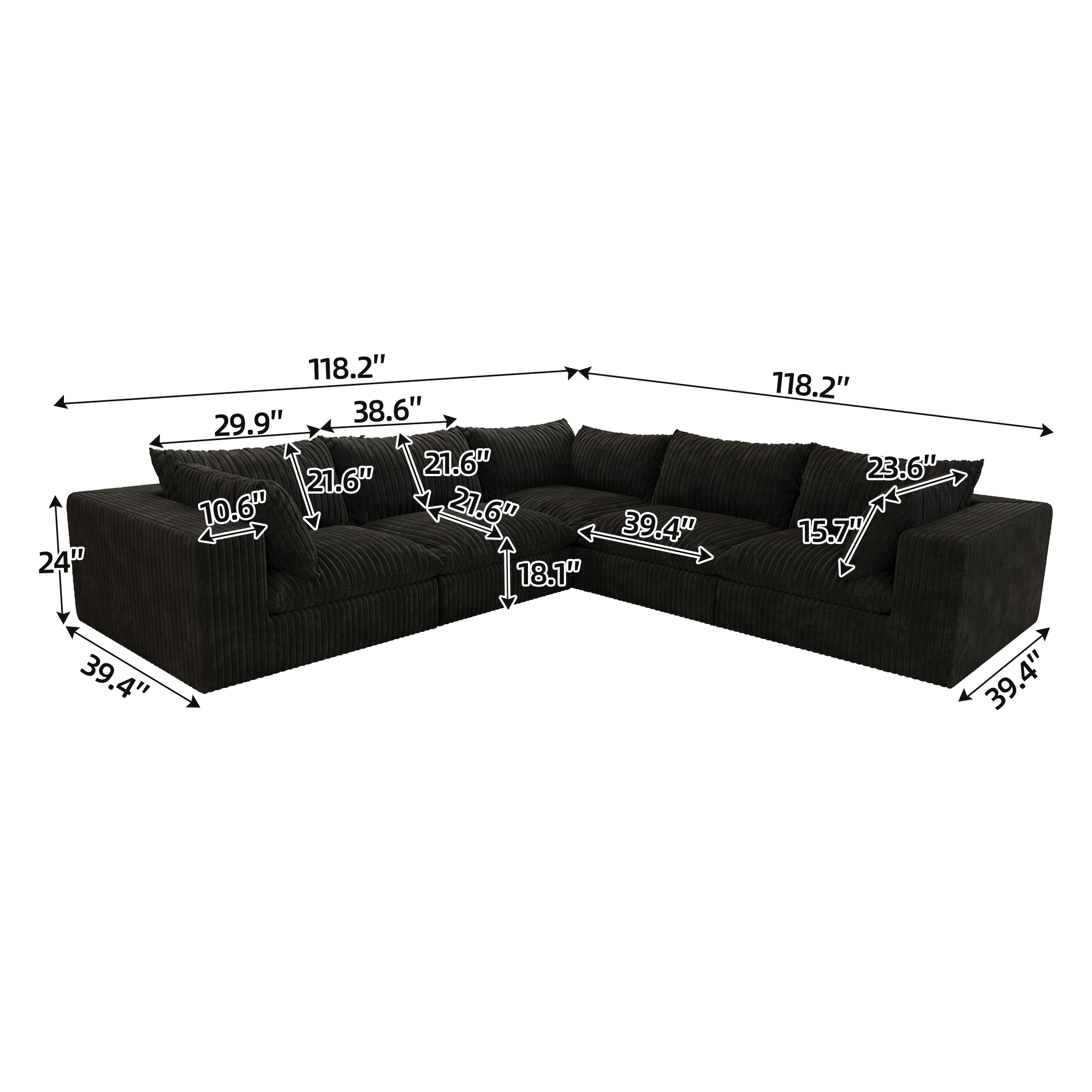 118.2" Cloud Sofa,Corduroy Fabric,Deep Seat Couches,Double-layer design,Removable Cushion,No Assembly, DIY Combination for Living room, Bedroom,Conference room ,Apartment,Black - Image 3