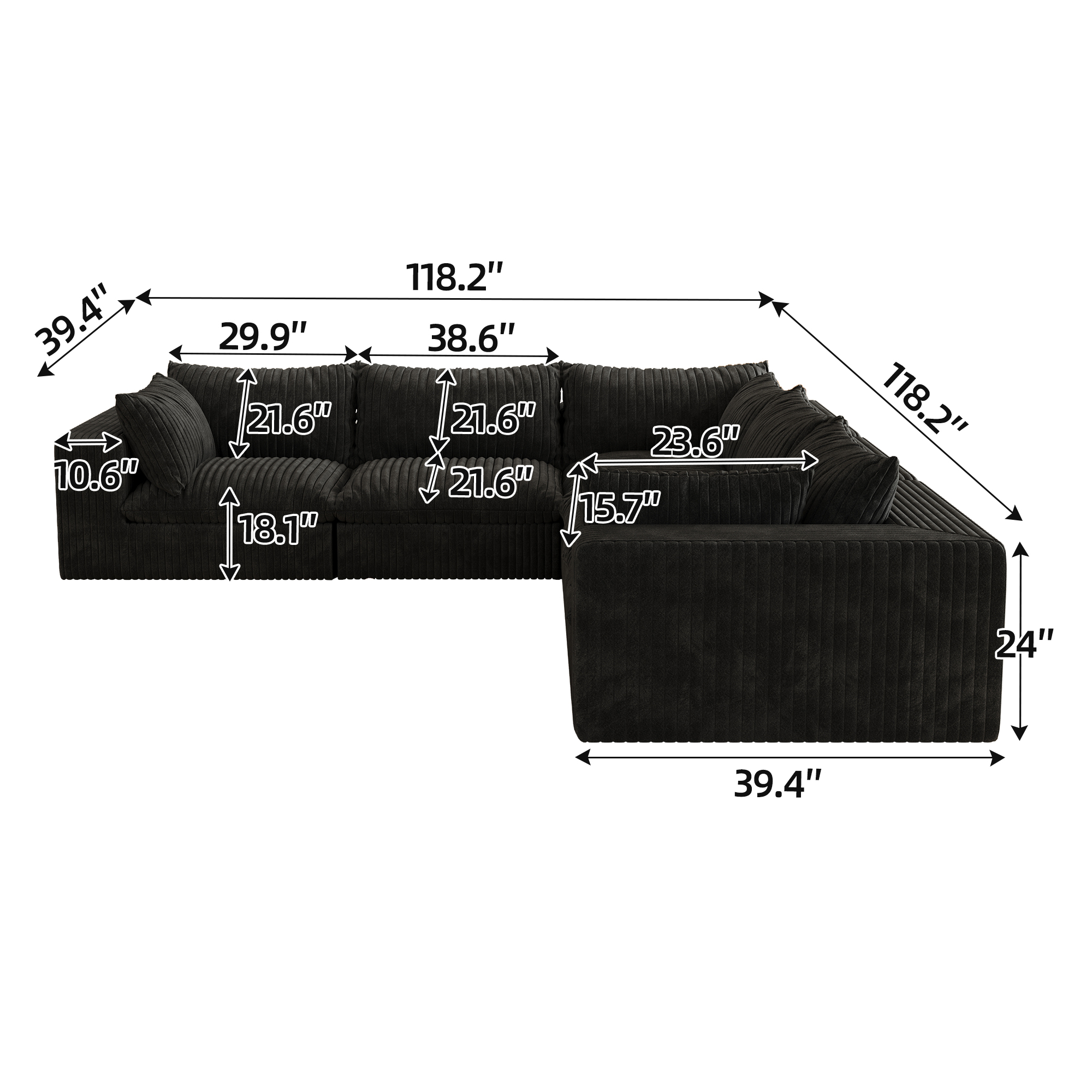 118.2" Cloud Sofa,Corduroy Fabric,Deep Seat Couches,Double-layer design,Removable Cushion,No Assembly, DIY Combination for Living room, Bedroom,Conference room ,Apartment,Black - Image 4