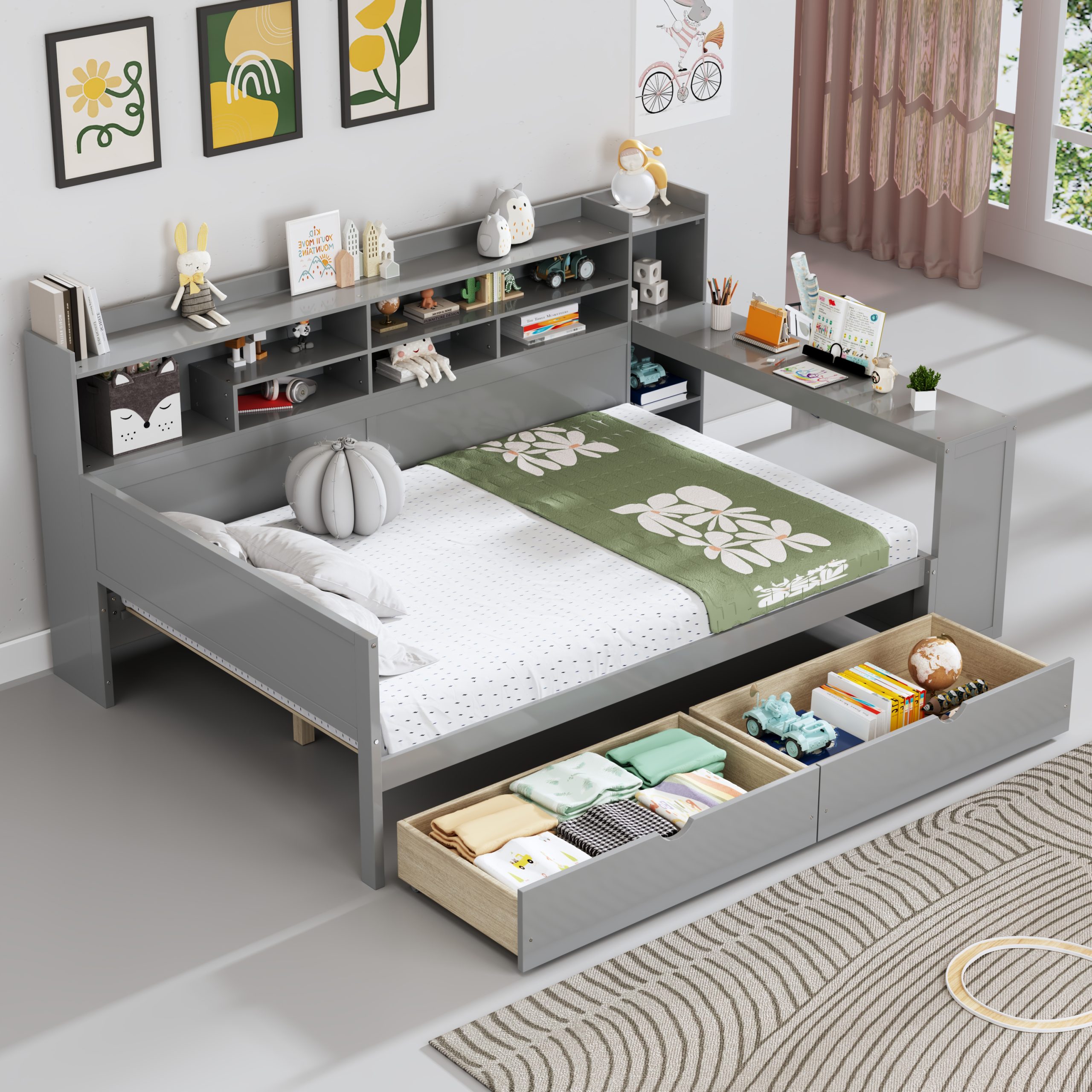 Wooden Full Size Daybed with Storage Shelves, Multi-functional Bed with Two Storage Drawers and Study Desk, Gray(OLD SKU: N733S241486E)