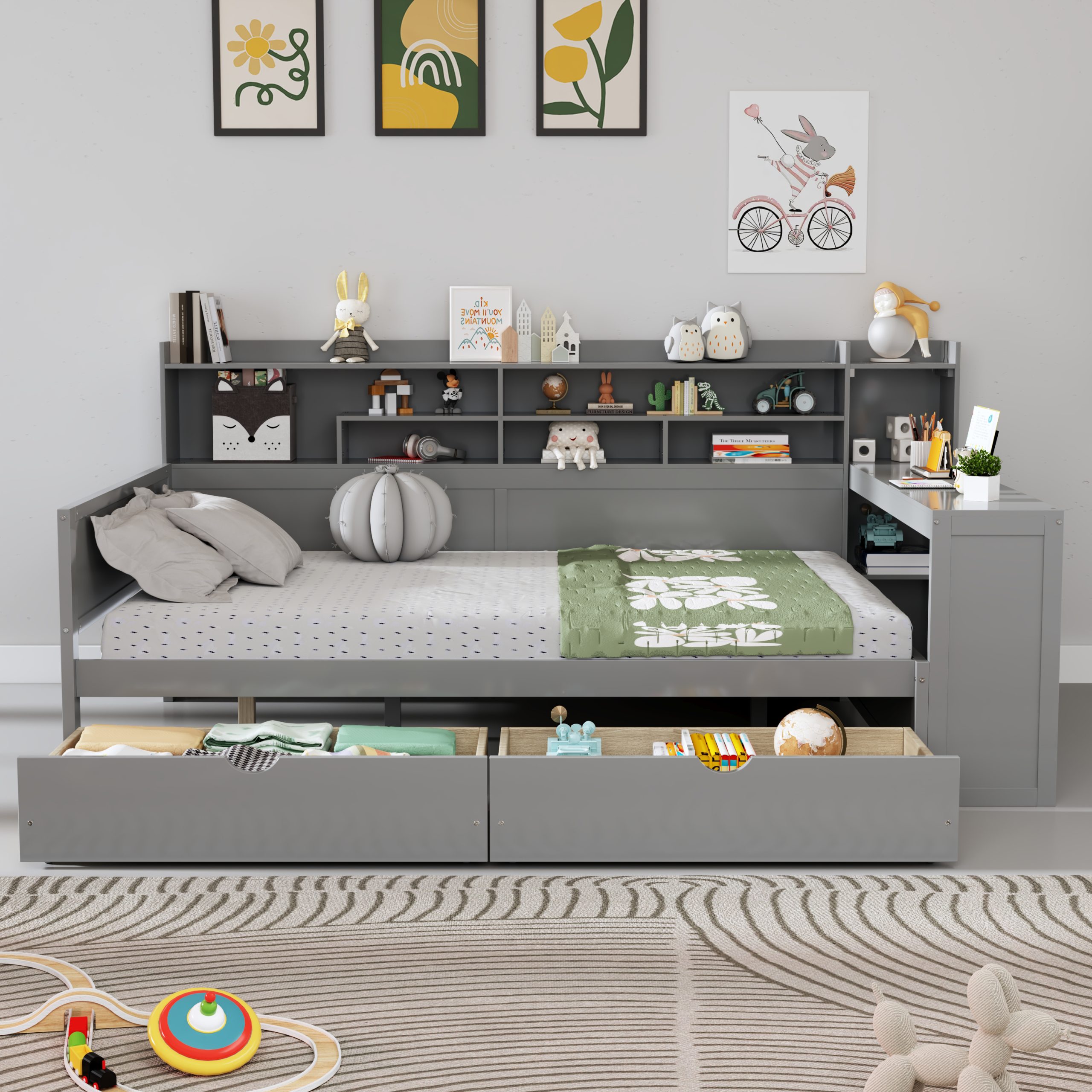 Wooden Full Size Daybed with Storage Shelves, Multi-functional Bed with Two Storage Drawers and Study Desk, Gray(OLD SKU: N733S241486E) - Image 2