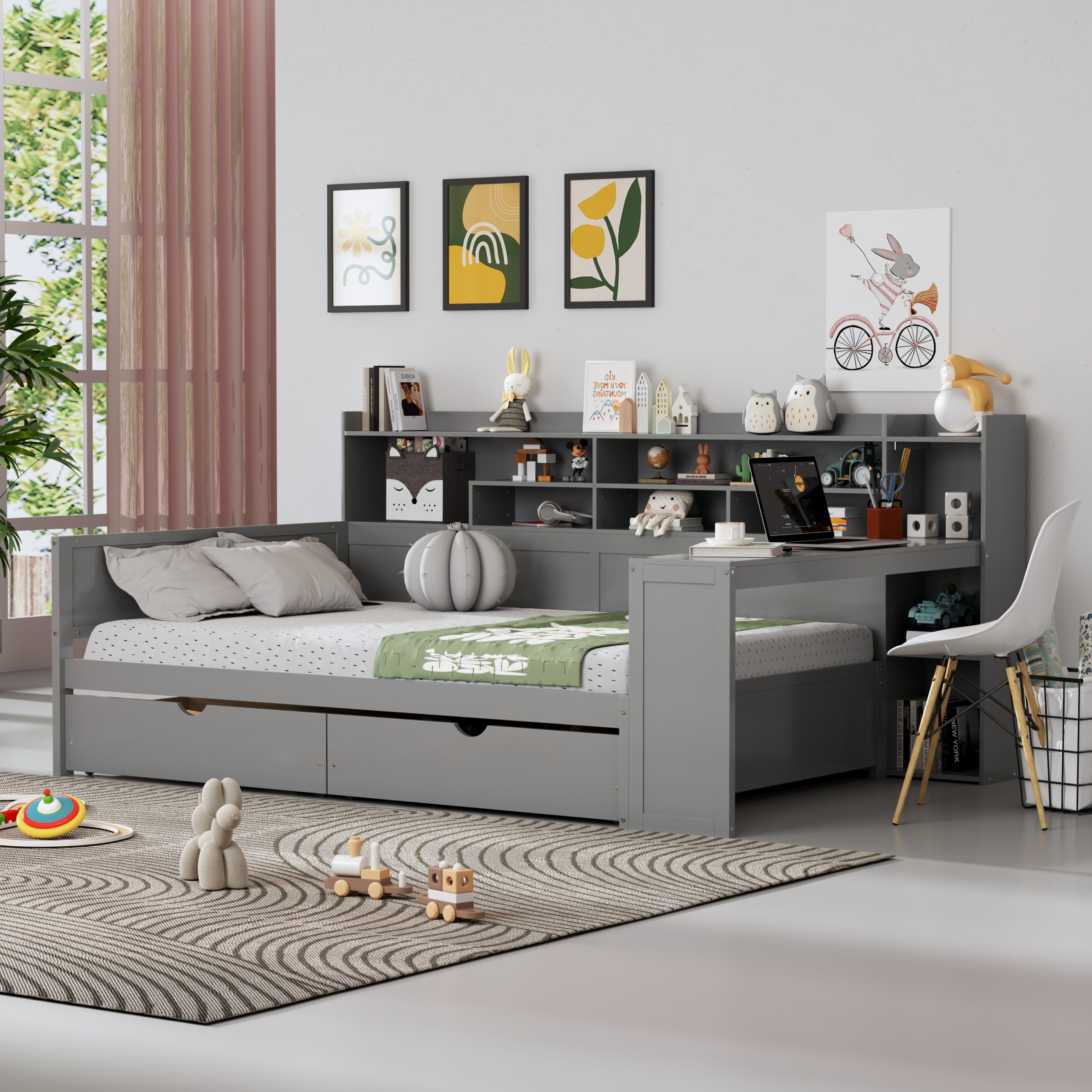 Wooden Full Size Daybed with Storage Shelves, Multi-functional Bed with Two Storage Drawers and Study Desk, Gray(OLD SKU: N733S241486E) - Image 3