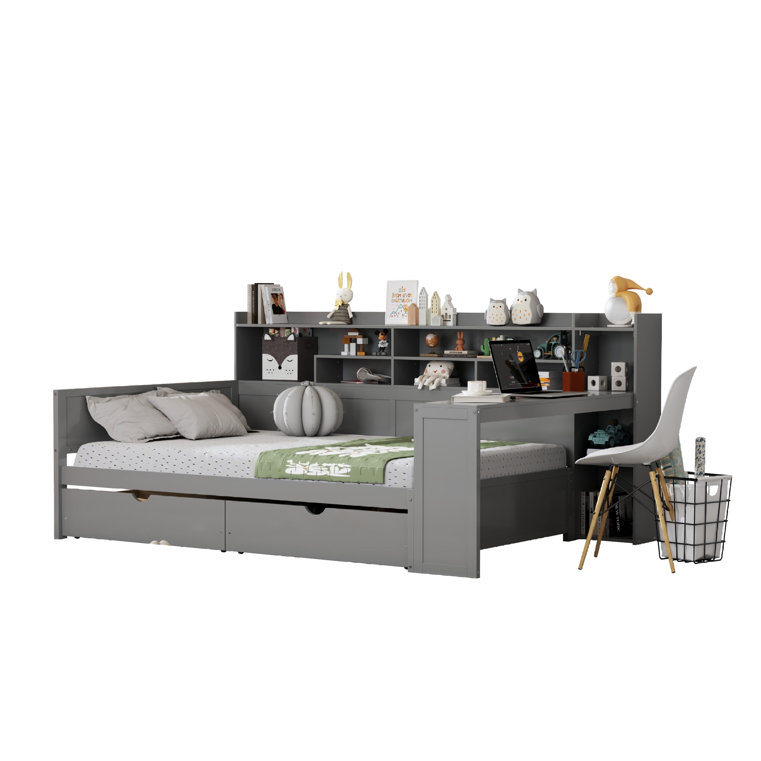 Wooden Full Size Daybed with Storage Shelves, Multi-functional Bed with Two Storage Drawers and Study Desk, Gray(OLD SKU: N733S241486E) - Image 4