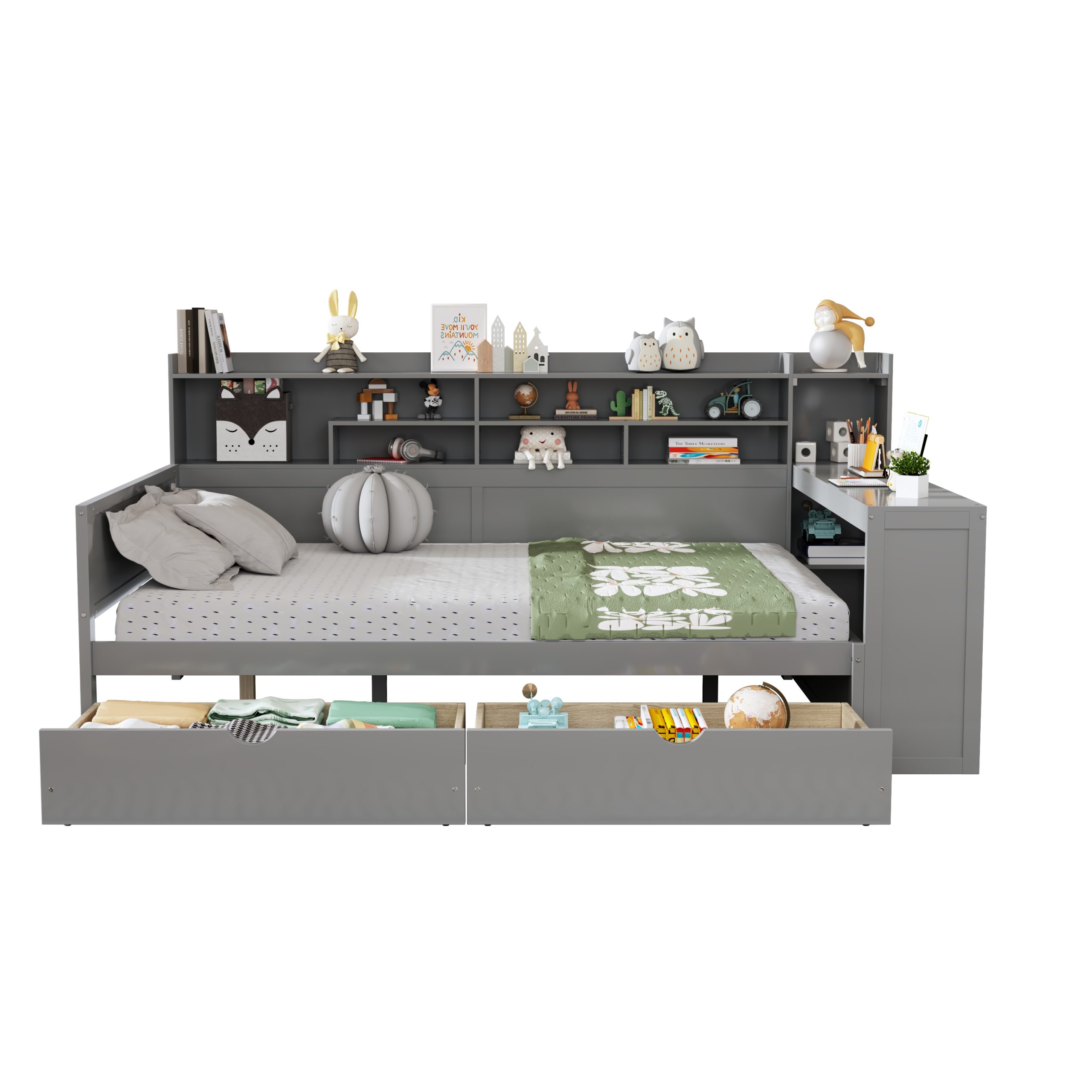 Wooden Full Size Daybed with Storage Shelves, Multi-functional Bed with Two Storage Drawers and Study Desk, Gray(OLD SKU: N733S241486E) - Image 5