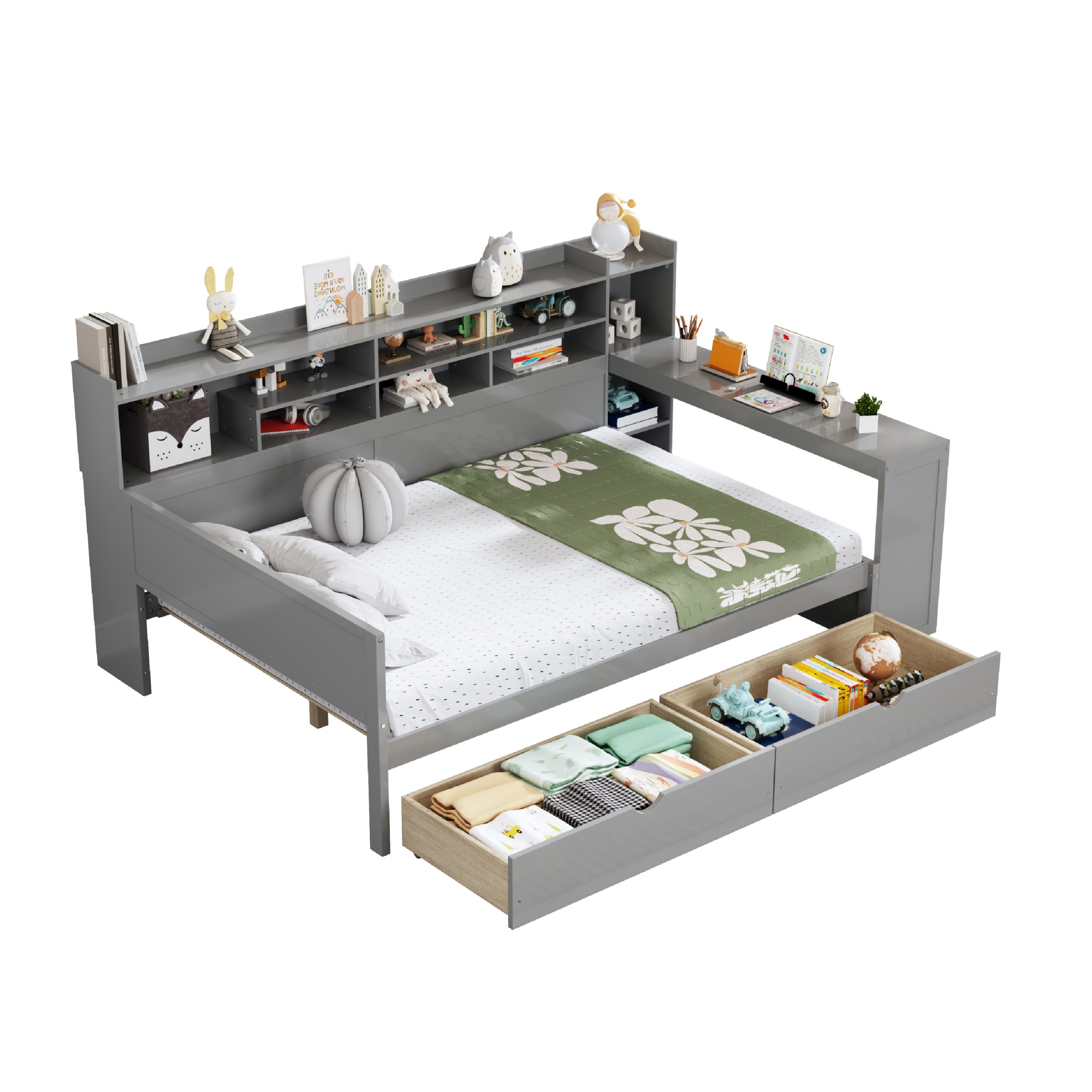 Wooden Full Size Daybed with Storage Shelves, Multi-functional Bed with Two Storage Drawers and Study Desk, Gray(OLD SKU: N733S241486E) - Image 6