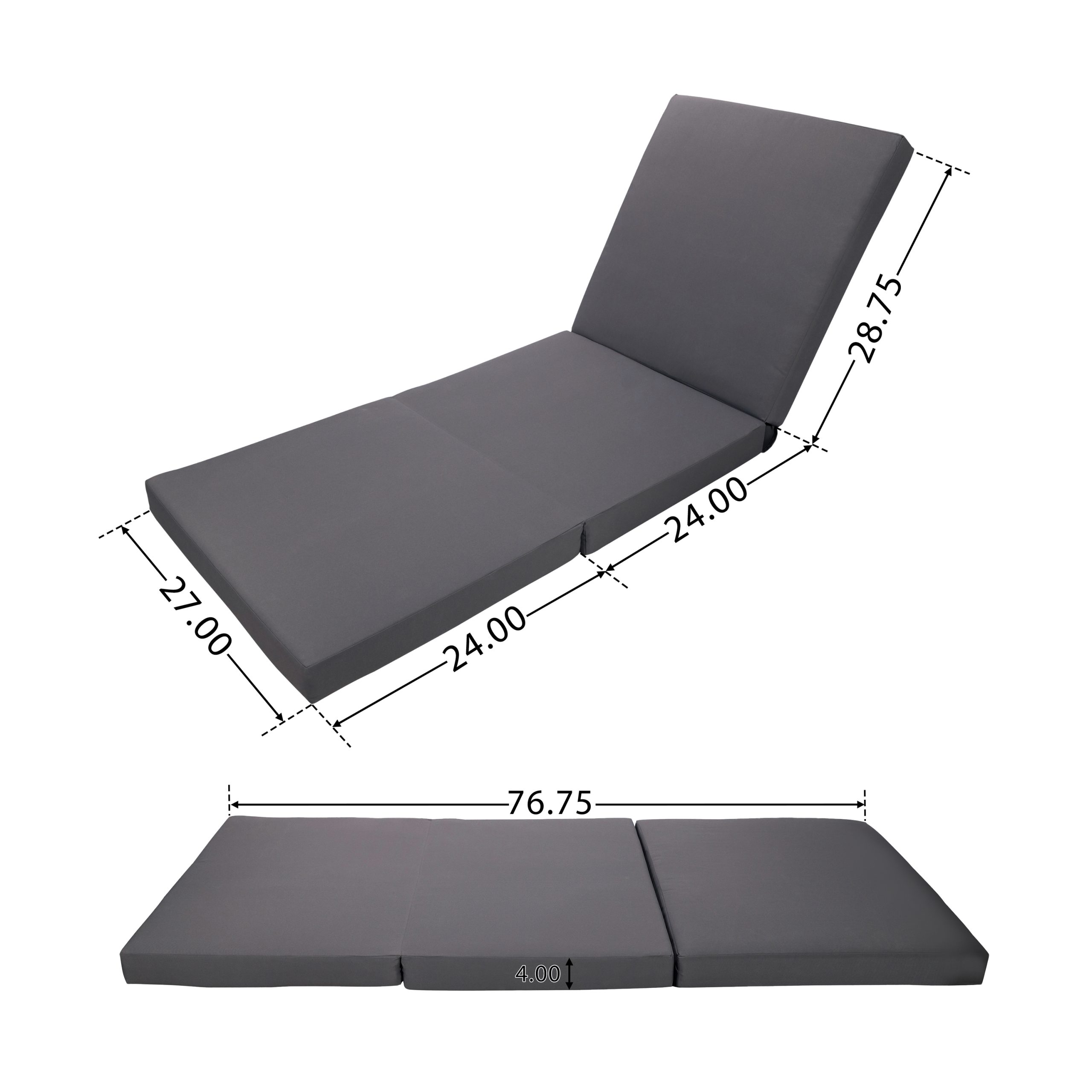 White Acacia Solid Wood Outdoor Chaise Lounge with Dark Grey 3-Fold Water-Repellent Cushion, 400lbs Capacity, Modern Patio Sun Lounger for Garden, Poolside - Image 3