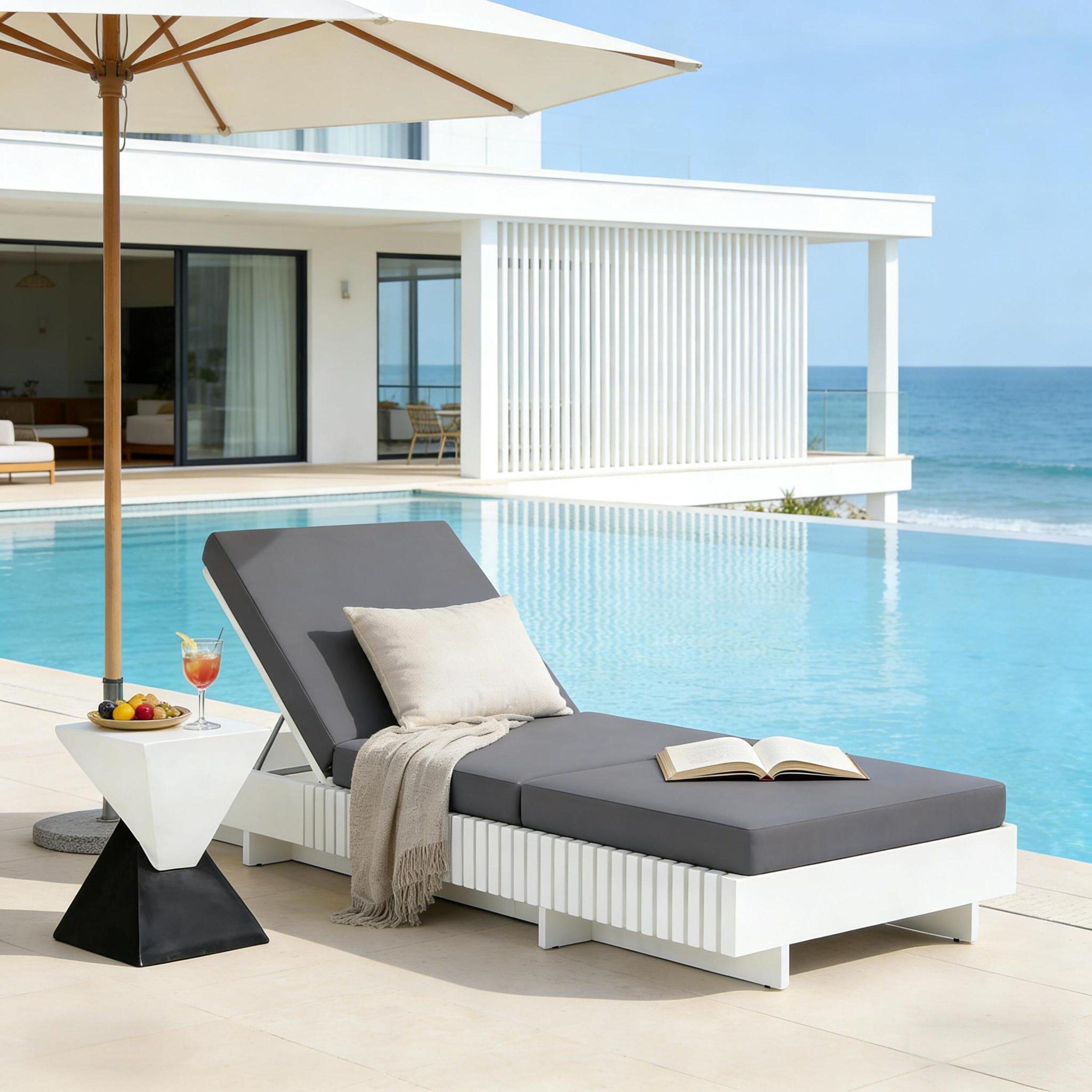 White Acacia Solid Wood Outdoor Chaise Lounge with Dark Grey 3-Fold Water-Repellent Cushion, 400lbs Capacity, Modern Patio Sun Lounger for Garden, Poolside - Image 4