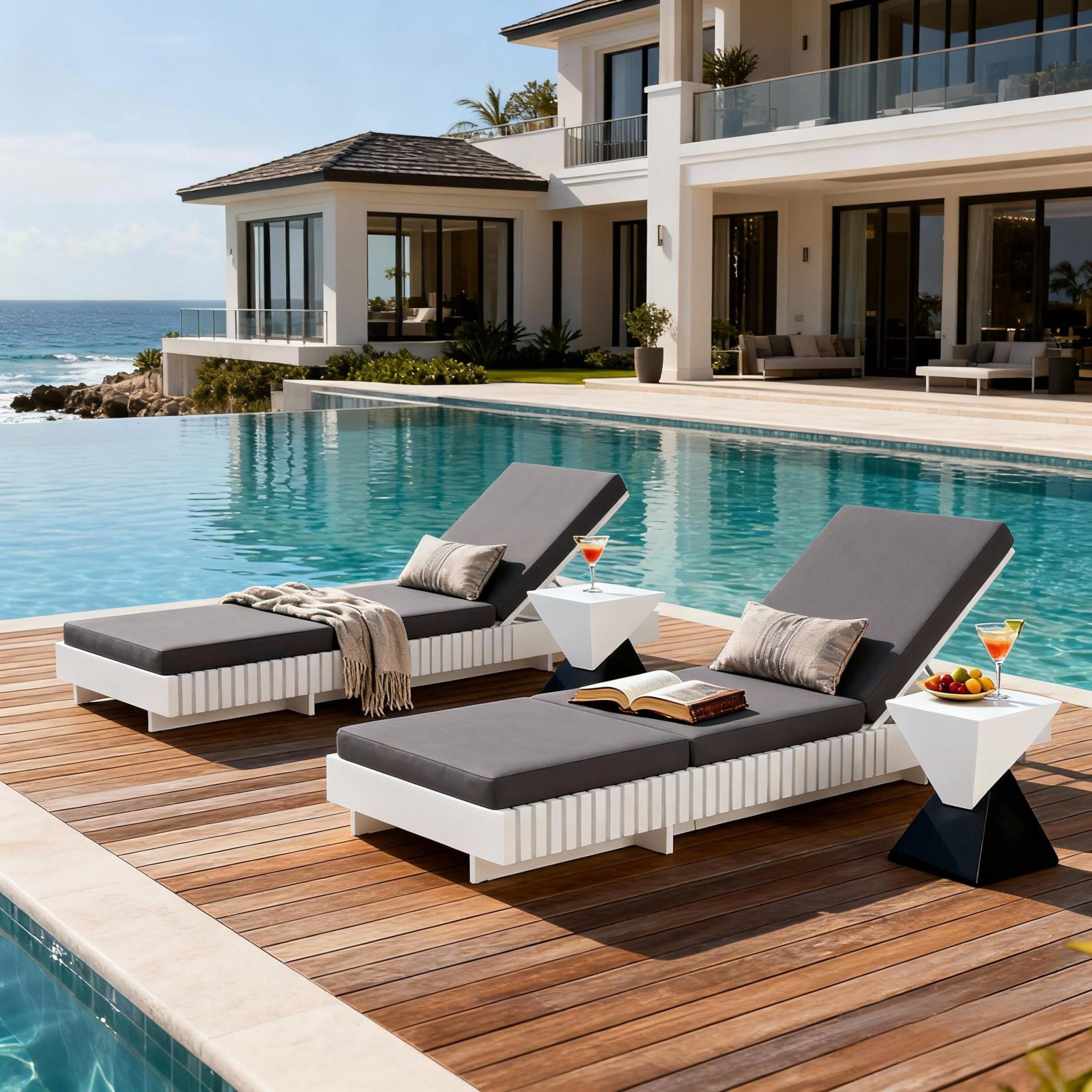 White Acacia Solid Wood Outdoor Chaise Lounge with Dark Grey 3-Fold Water-Repellent Cushion, 400lbs Capacity, Modern Patio Sun Lounger for Garden, Poolside - Image 5