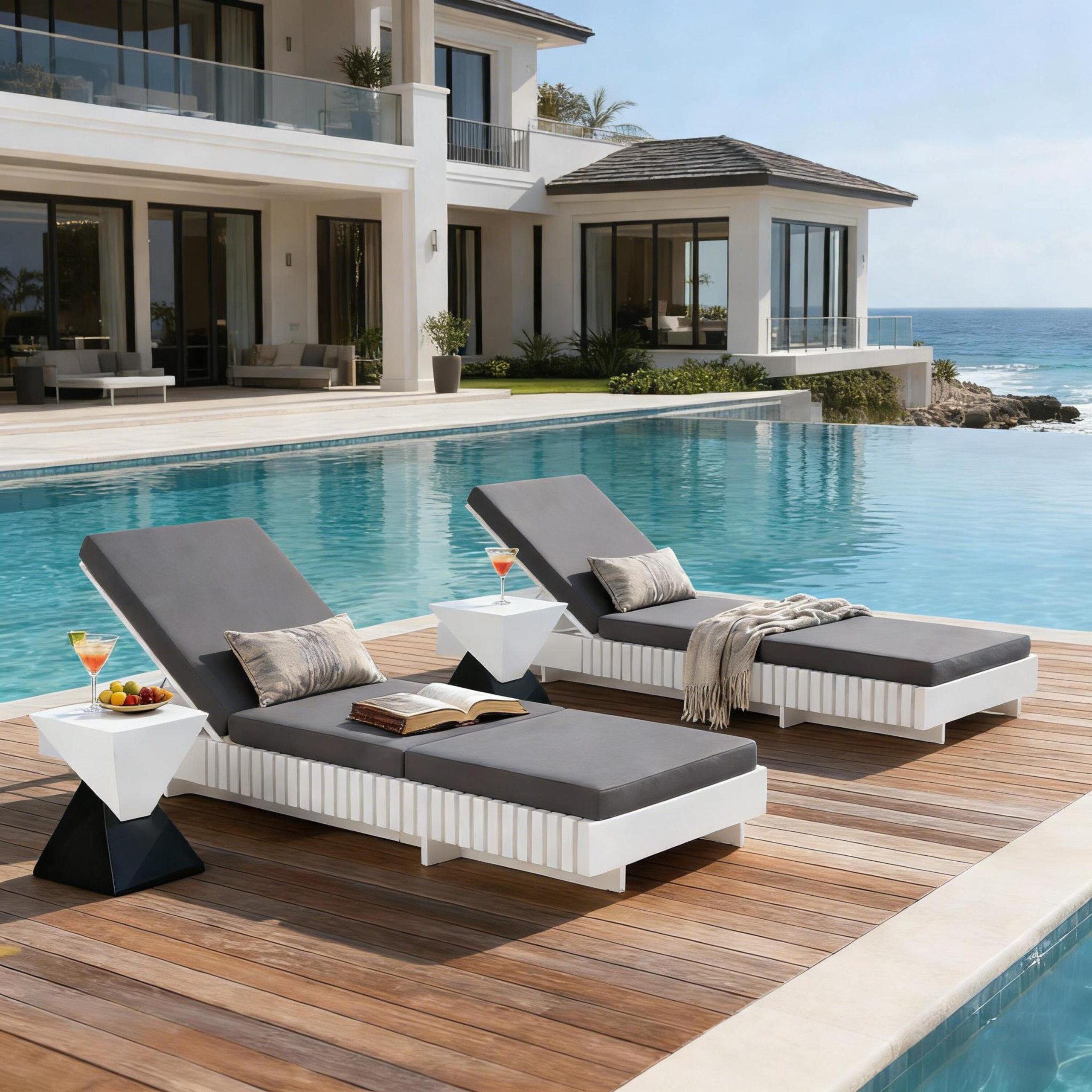 White Acacia Solid Wood Outdoor Chaise Lounge with Dark Grey 3-Fold Water-Repellent Cushion, 400lbs Capacity, Modern Patio Sun Lounger for Garden, Poolside - Image 6