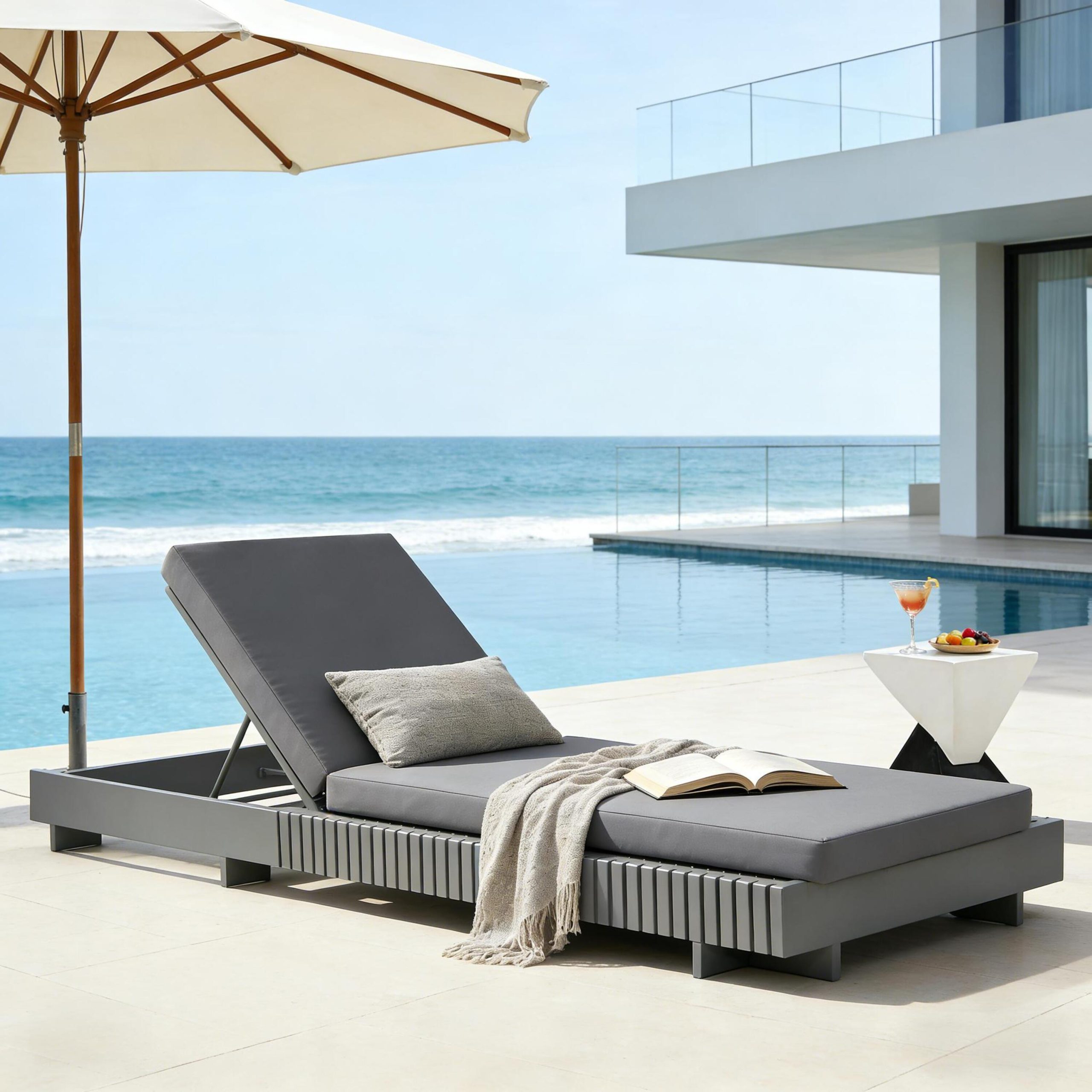 Dark Grey Acacia Solid Wood Outdoor Chaise Lounge with Dark Grey Water-Repellent Cushion, 400lbs Capacity, Modern Patio Sun Lounger for Garden, Poolside - Image 4