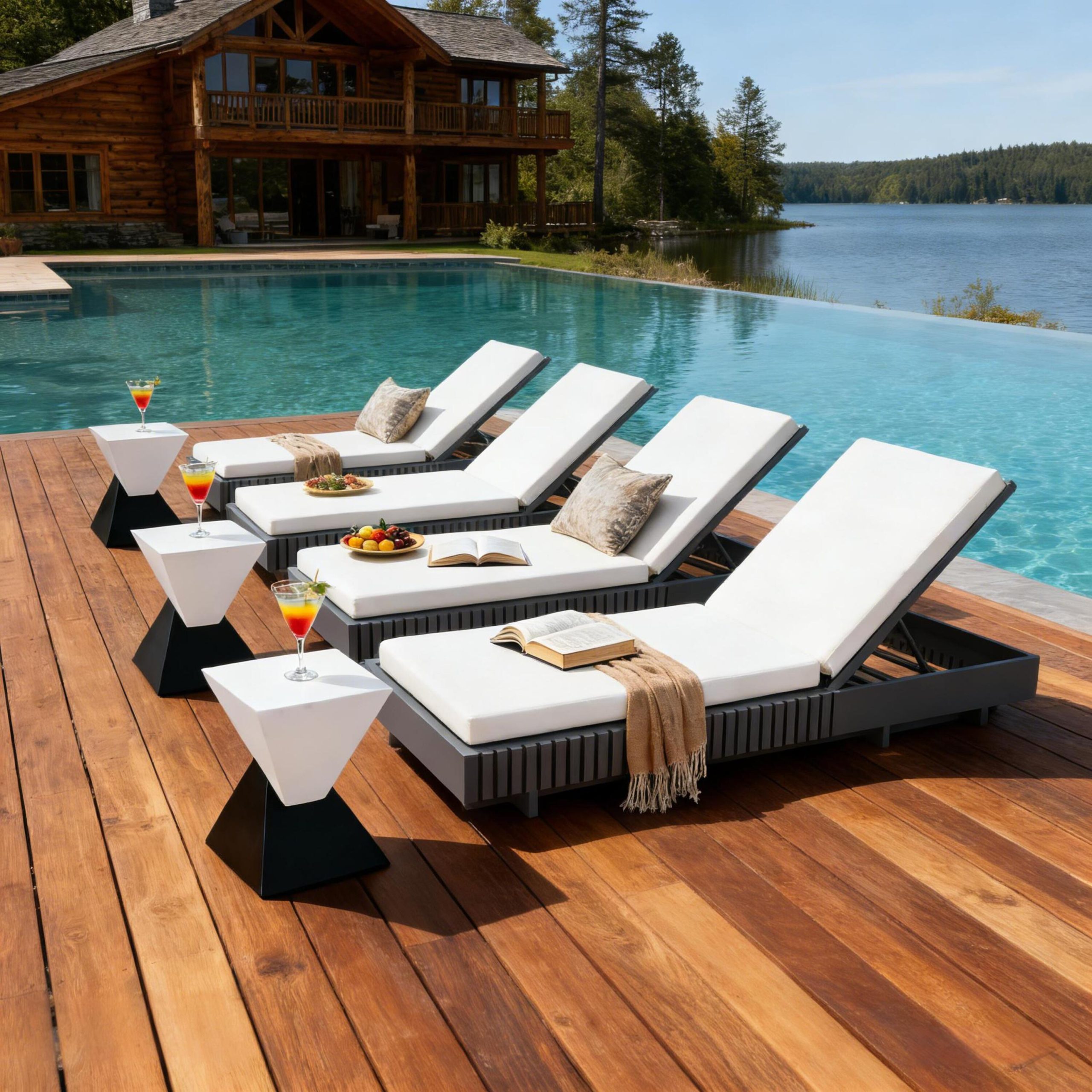 Dark Gray Acacia Solid Wood Outdoor Chaise Lounge with Cream Water-Repellent Cushion, 400lbs Capacity, Modern Patio Sun Lounger for Garden, Poolside - Image 6