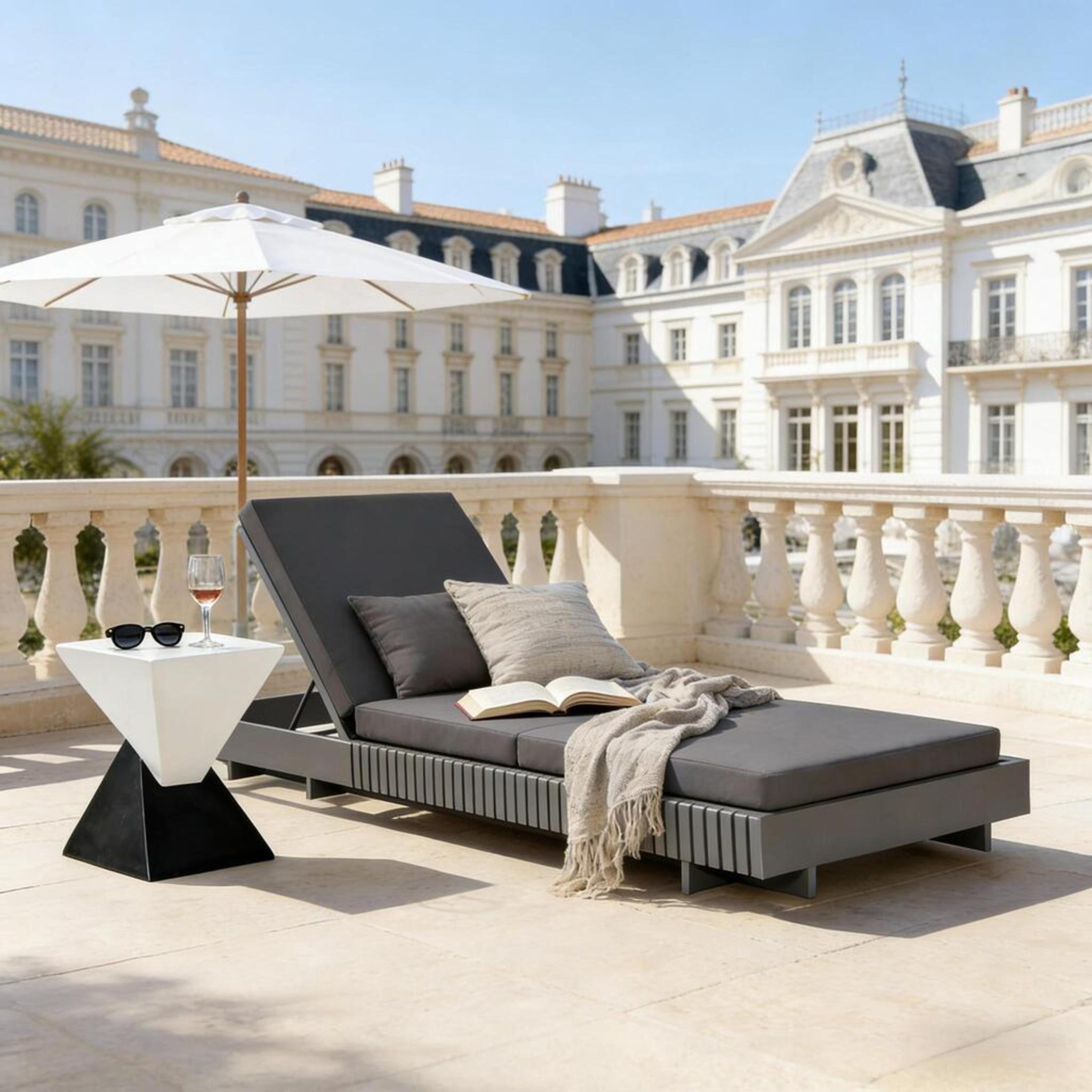 Dark Grey Acacia Solid Wood Outdoor Chaise Lounge with Dark Grey 3-Fold Water-Repellent Cushion, 400lbs Capacity, Modern Patio Sun Lounger for Garden, Poolside - Image 4